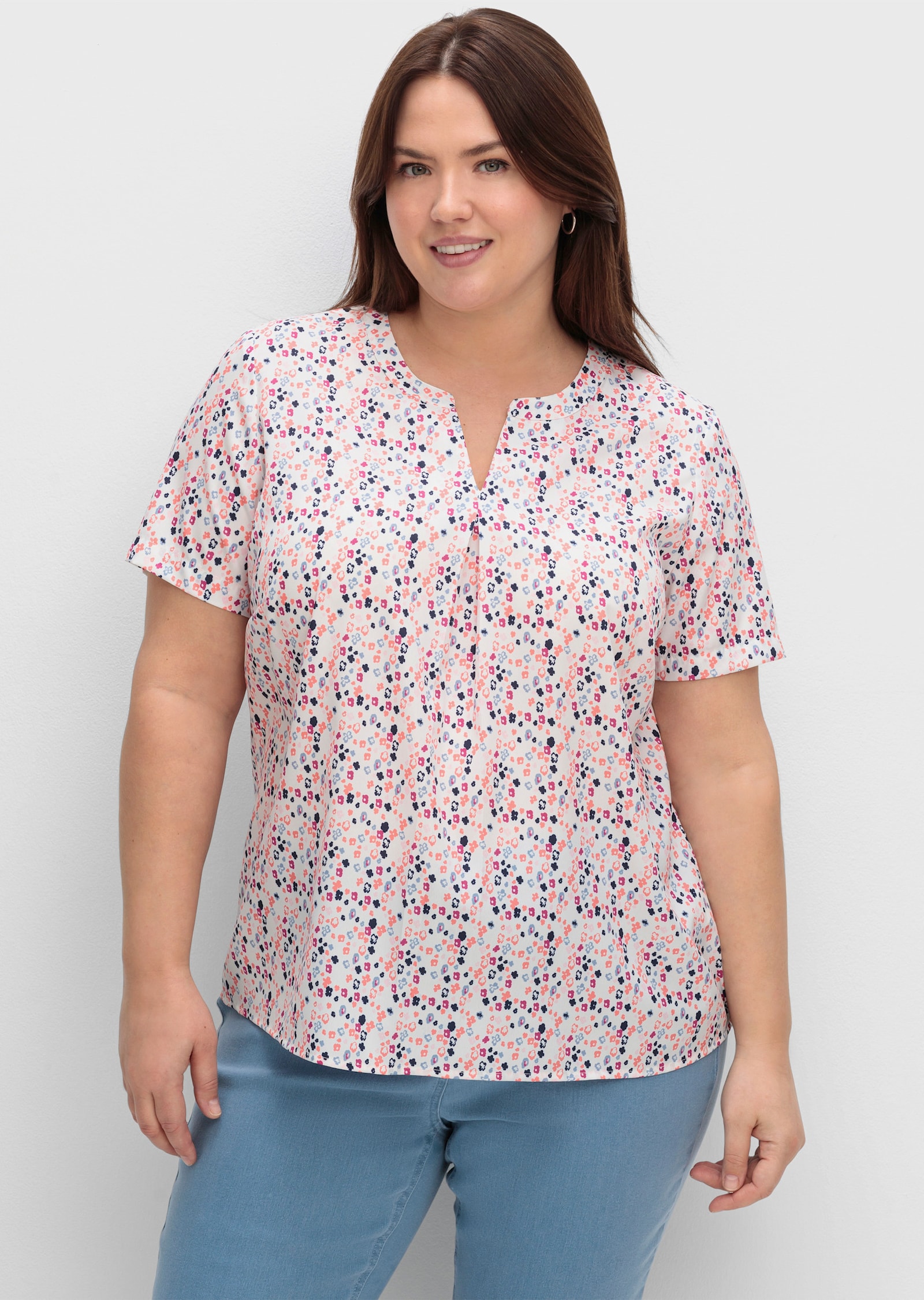 Schlupfbluse im Minimal-Muster - weiß-koralle-bedruckt