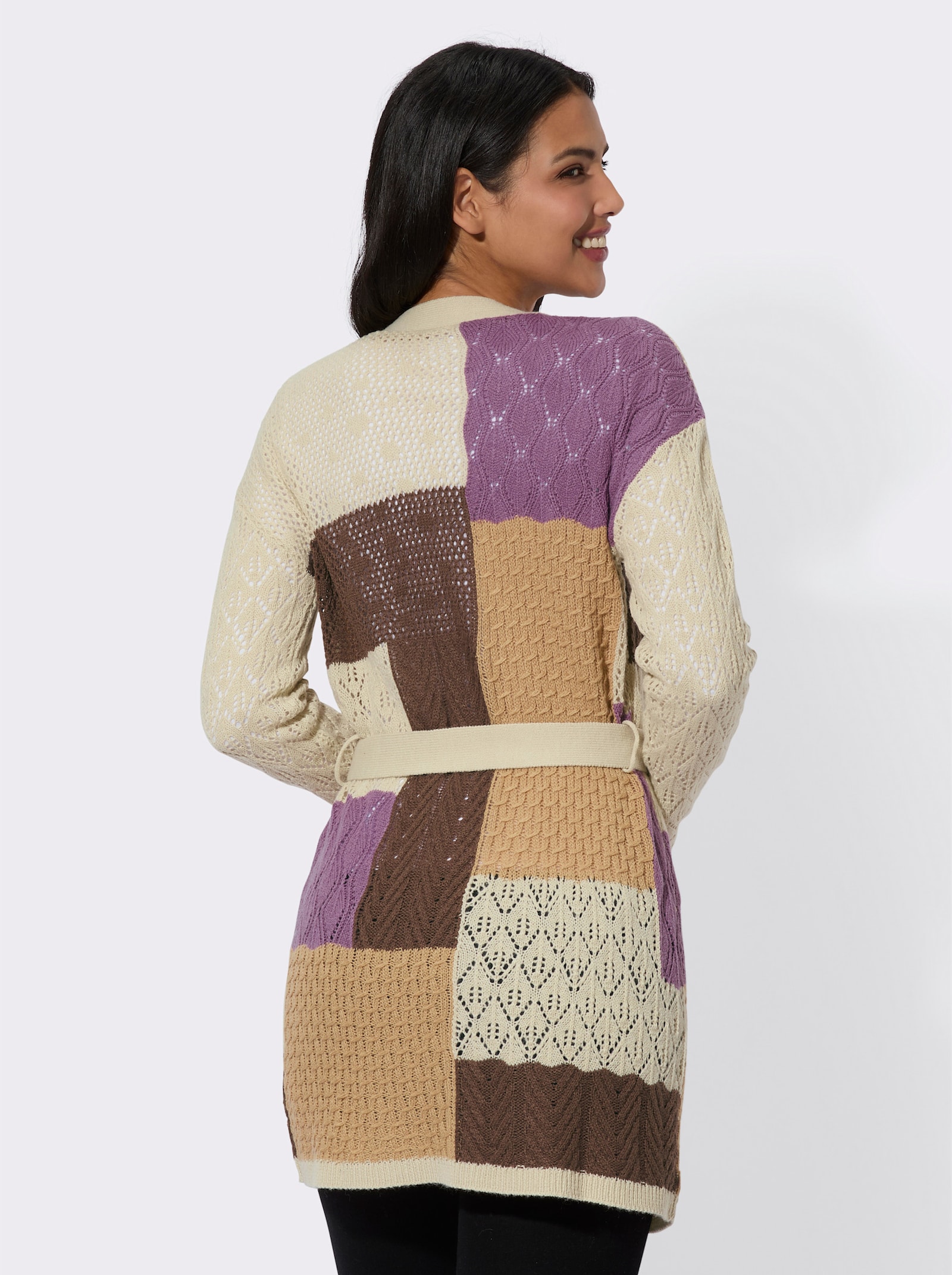 Strickjacke mit Ajour- und Zopfmuster - sand-violett-gemustert