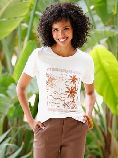 heine Kurzarmshirt mit Strand-Motiv - cognac-ecru-gemustert