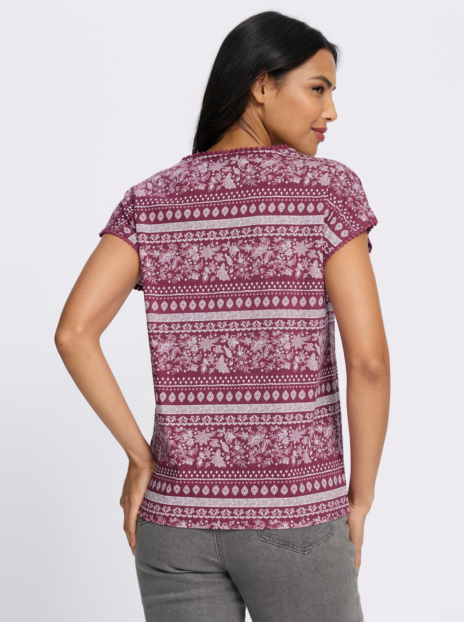 Kurzarmshirt mit überschnittenen Schultern - malve-rosenquarz-bedruckt