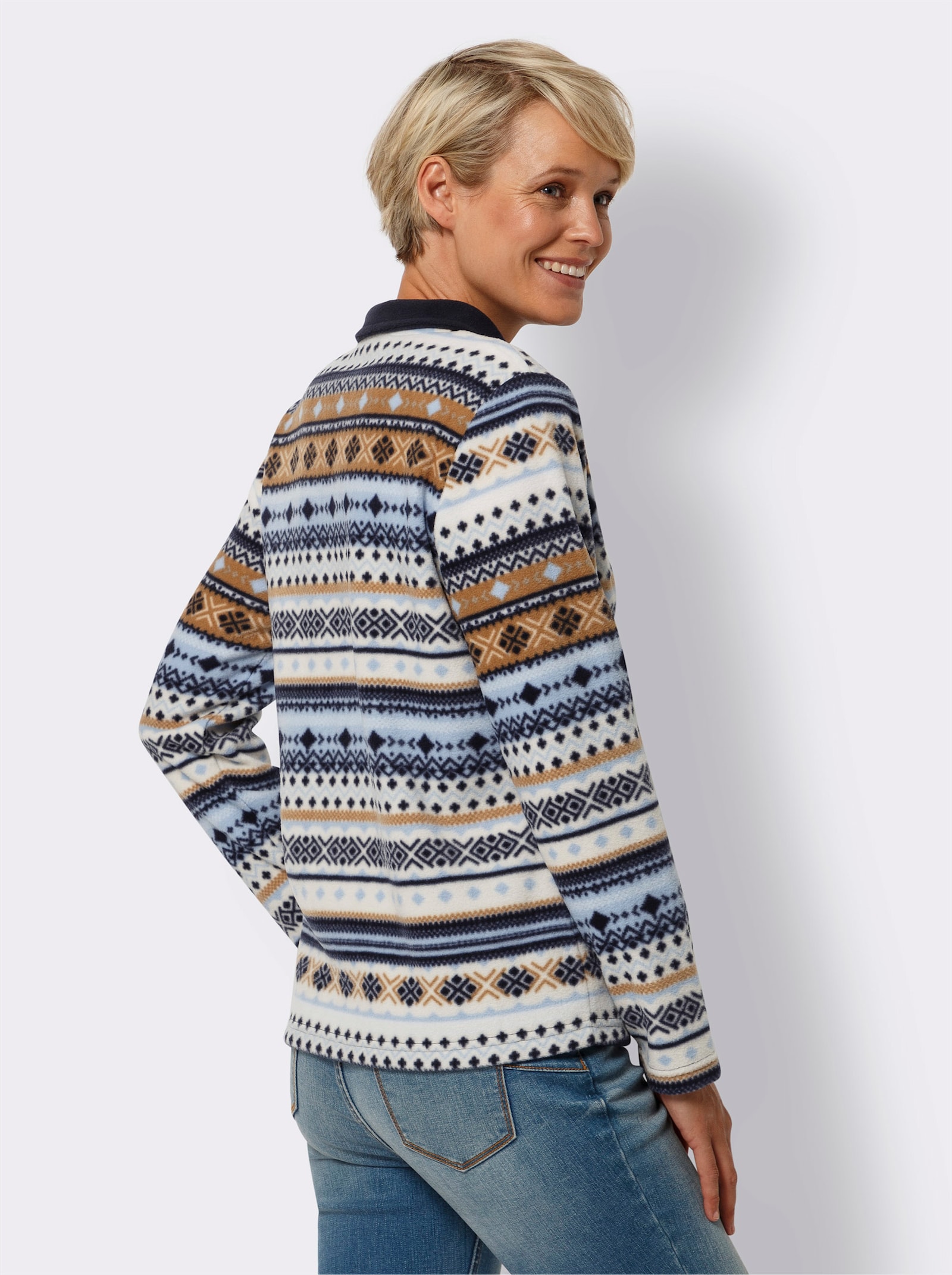 Fleeceshirt im Norweger-Stil - weiß-marine-bedruckt