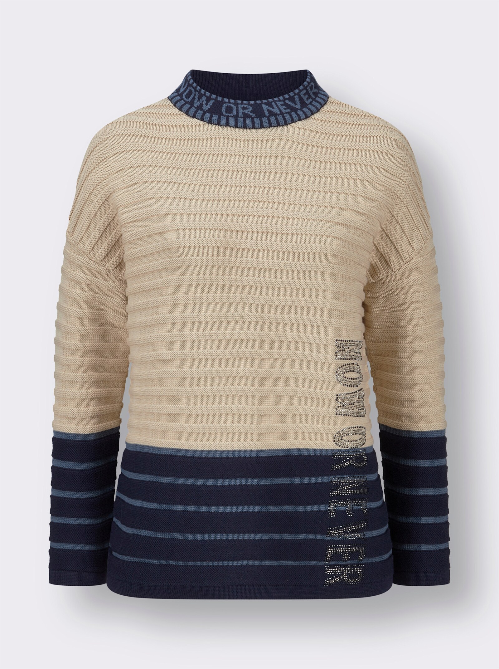 Stehkragenpullover in Ringel-Dessin - marine-sand-geringelt