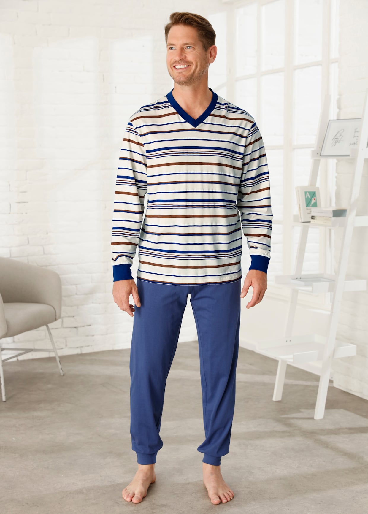 Pyžamo - Ecru zafarbeniu krému-modrý prúžok dizajnu