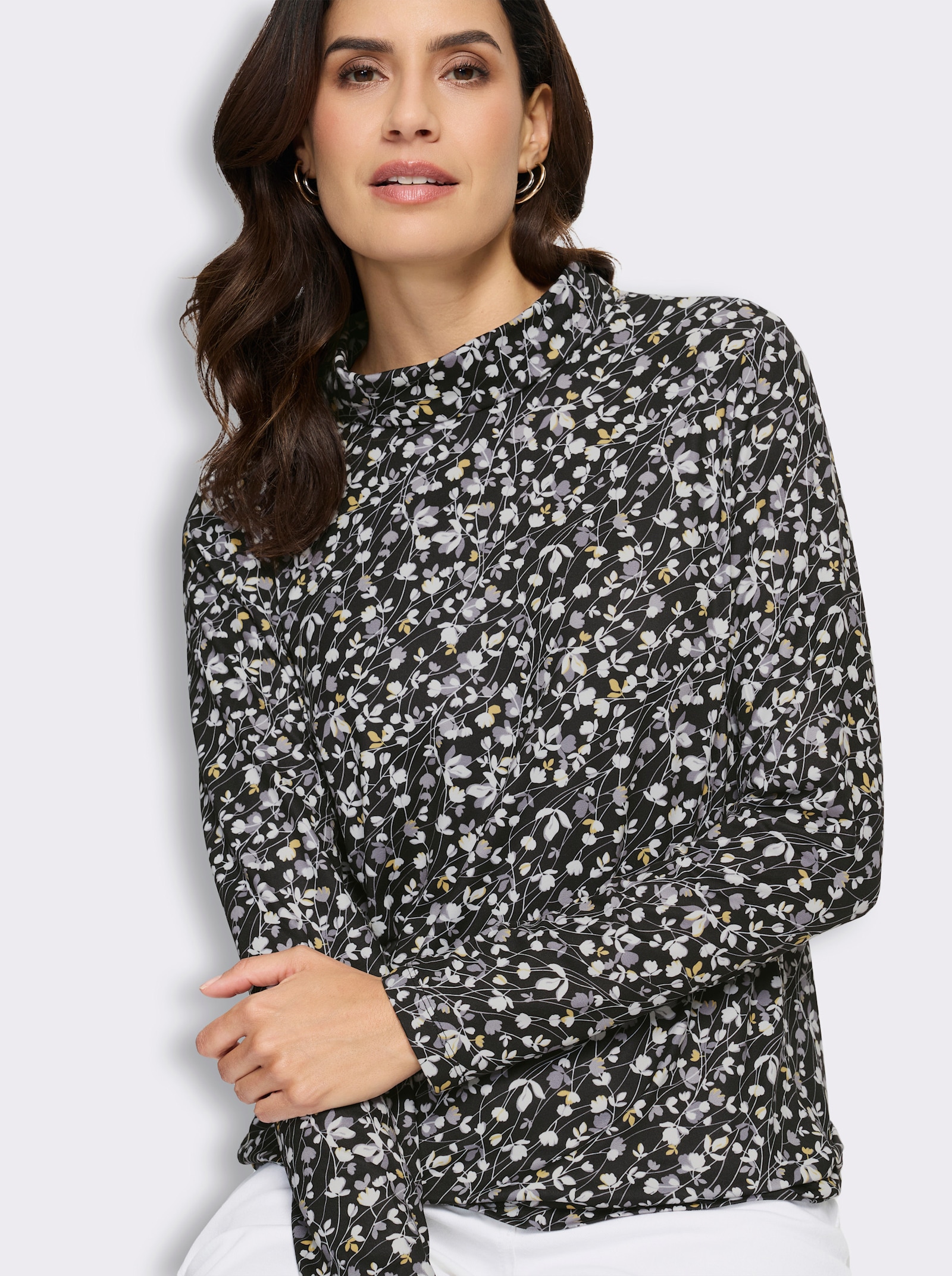 Rollkragenshirt in floralem Dessin - schwarz-steingrau-bedruckt