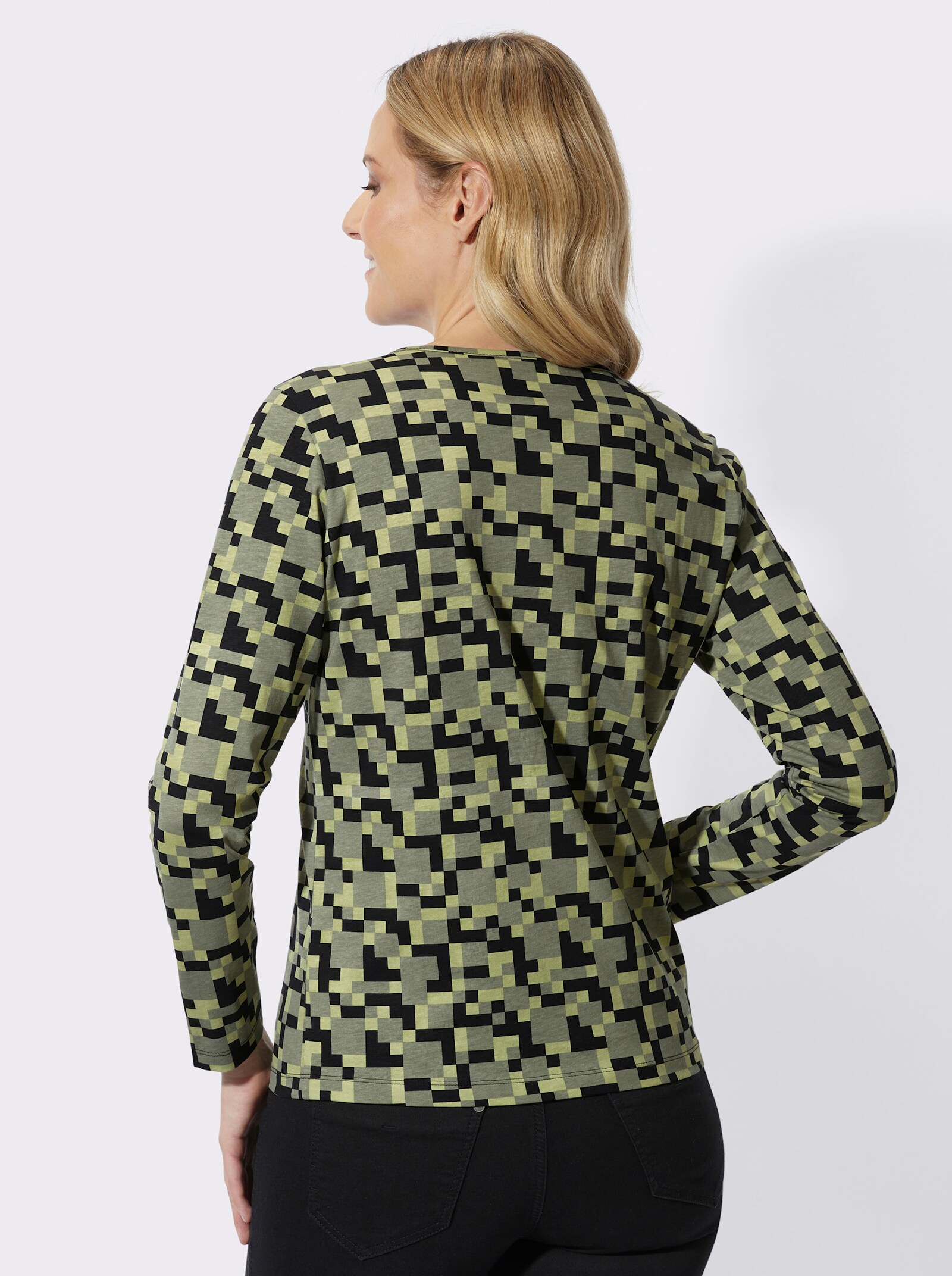 Langarmshirt mit Bindeband am Ausschnitt - khaki-schwarz-bedruckt