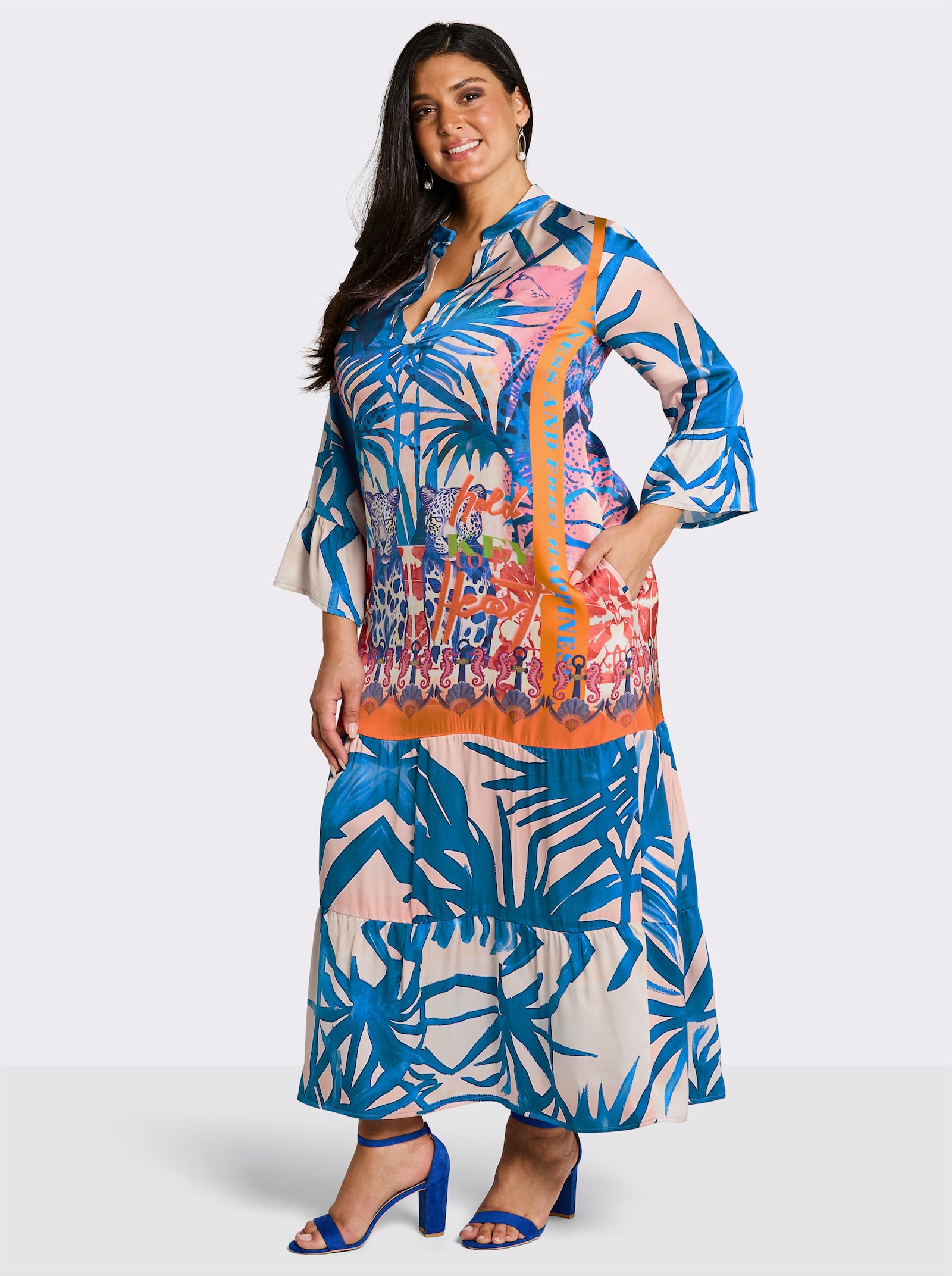 sheego loves miss goodlife Volantjurk in maxilengte - ecru/middenblauw bedrukt