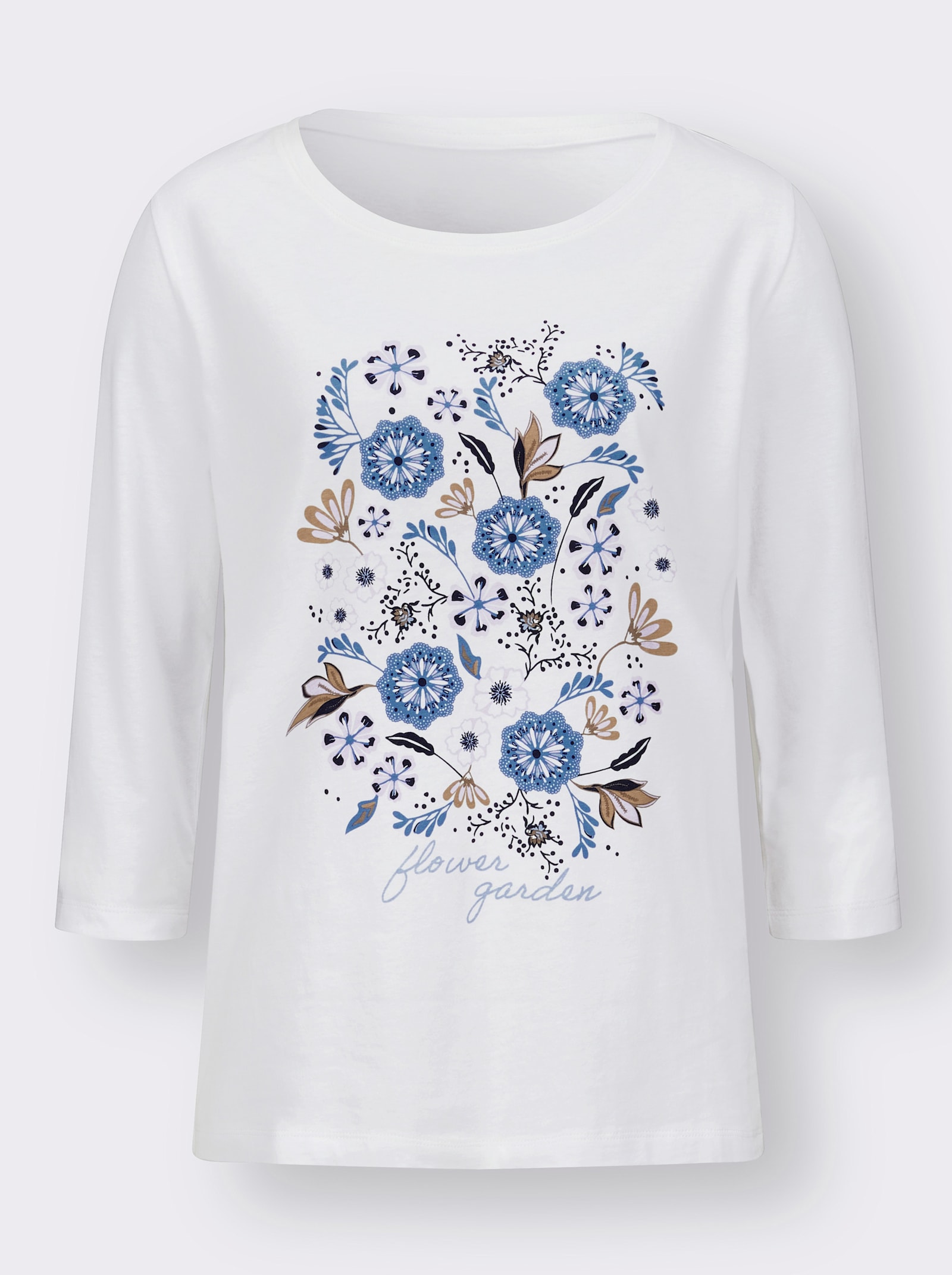 Tričko s 3/4 rukávem a květinovým motivem - ecru-topasová