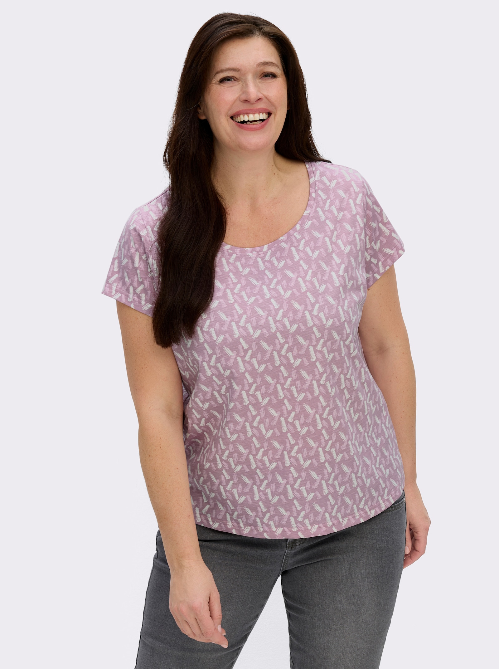 Rundhalsshirt mit Flammgarn-Struktur - mauve-ecru-bedruckt