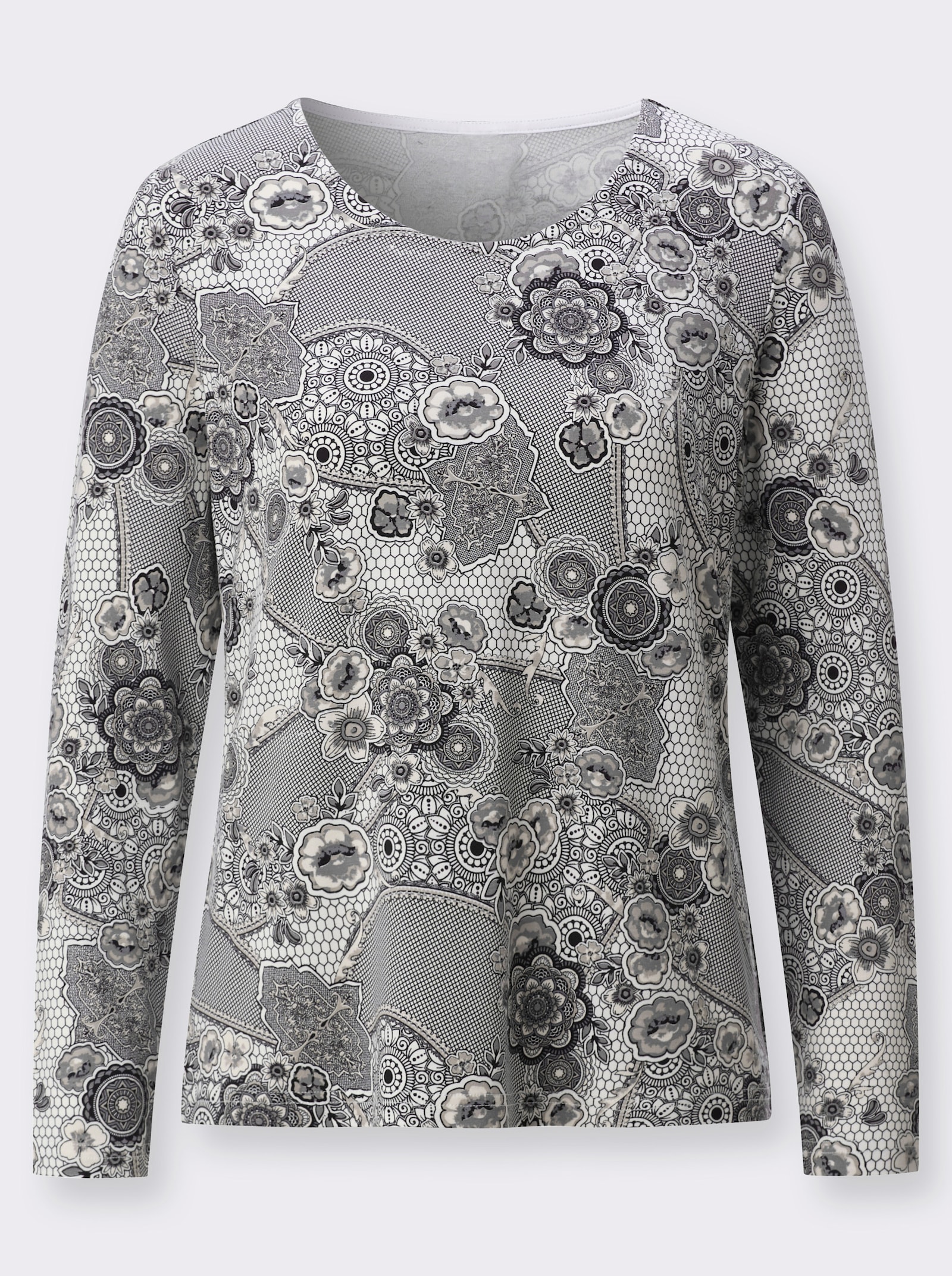 Rundhalsshirt mit floralem Print - ecru-sesam-bedruckt