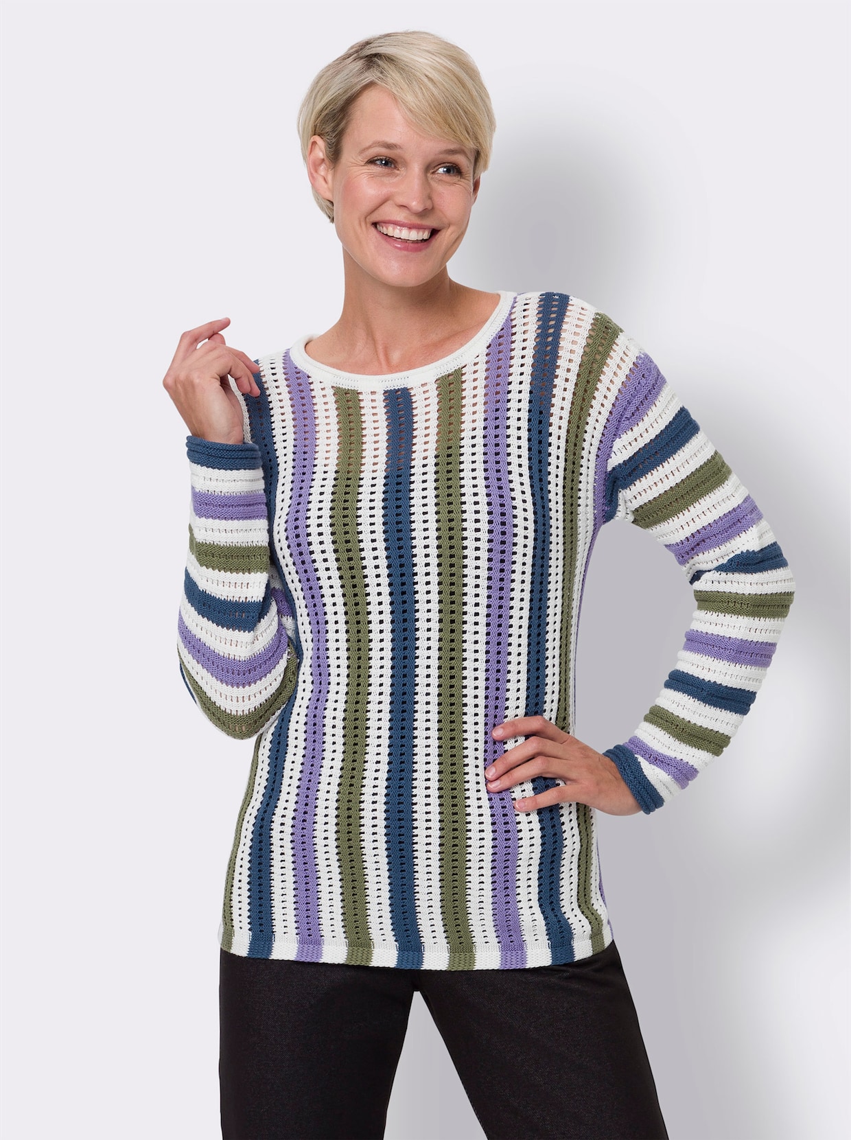 Ajourpullover - ecru-lavendel-gestreift