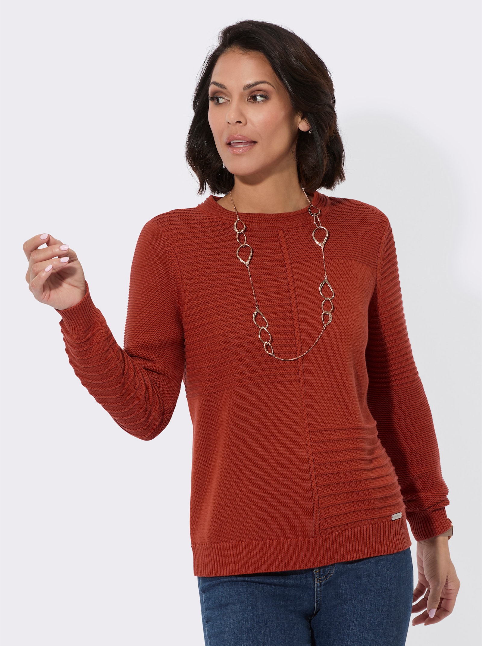 Pull à encolure ronde avec mélange de motifs tricotés - rouille