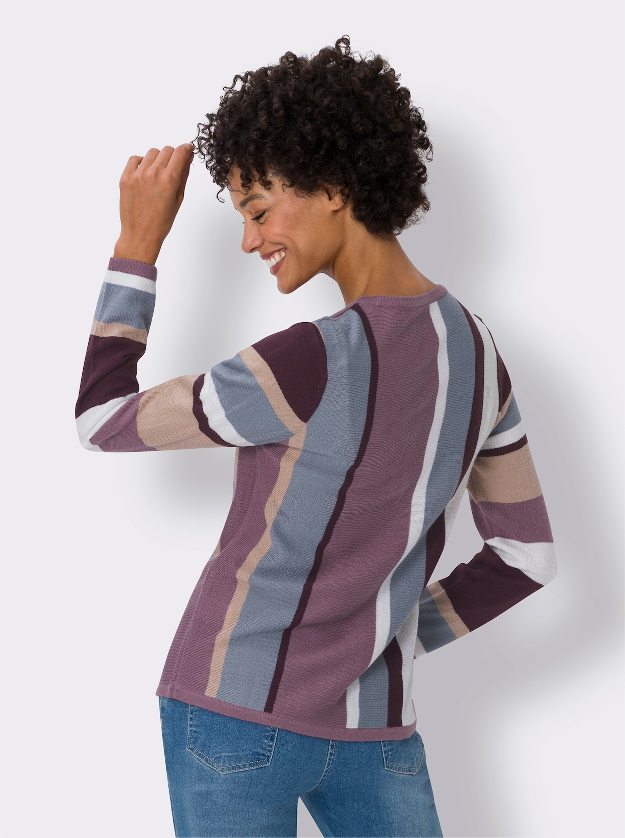 Rundhals-Pullover - violett-ecru-gestreift