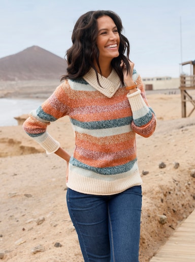 Stehkragenpullover mit Rollkanten - kalkmint-flamingo-geringelt