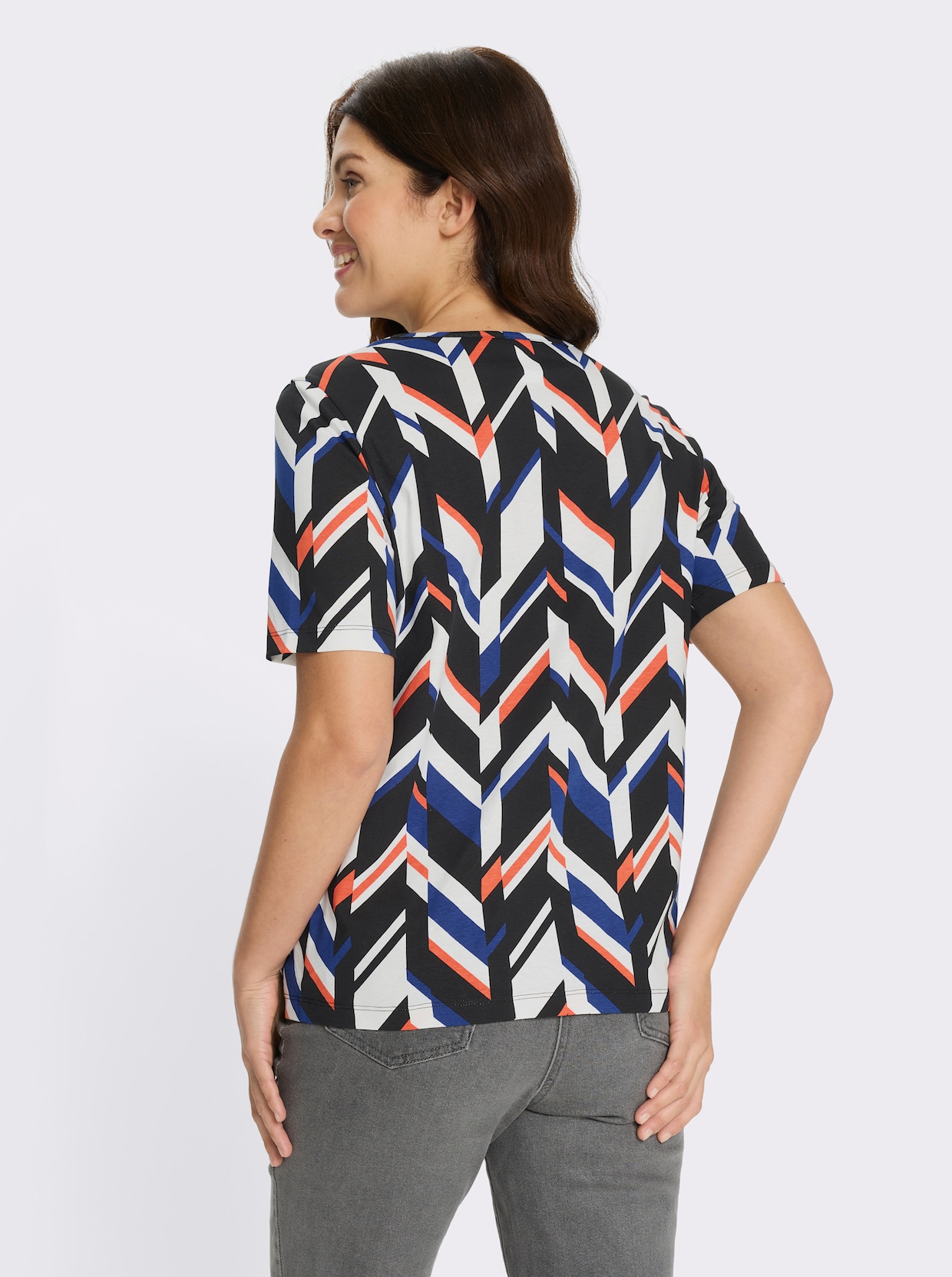 Kurzarmshirt in grafischem Dessin - ecru-royalblau-bedruckt