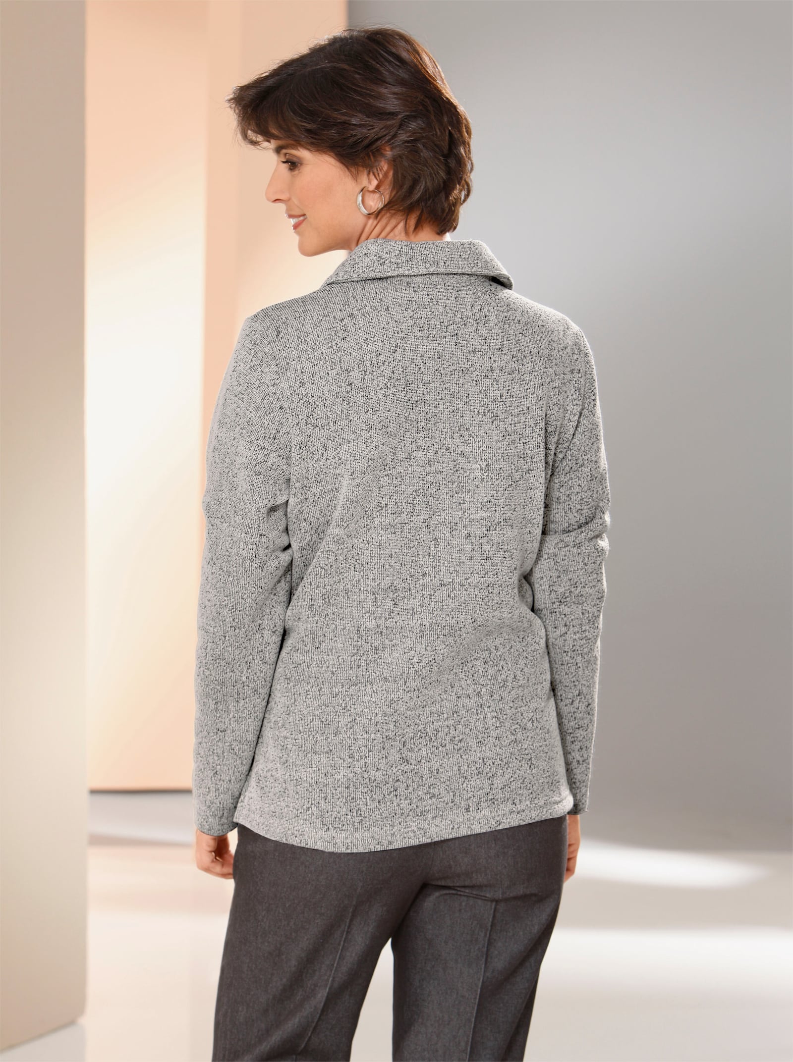 Langarm-Poloshirt mit angerautem Fleece - hellgrau-meliert