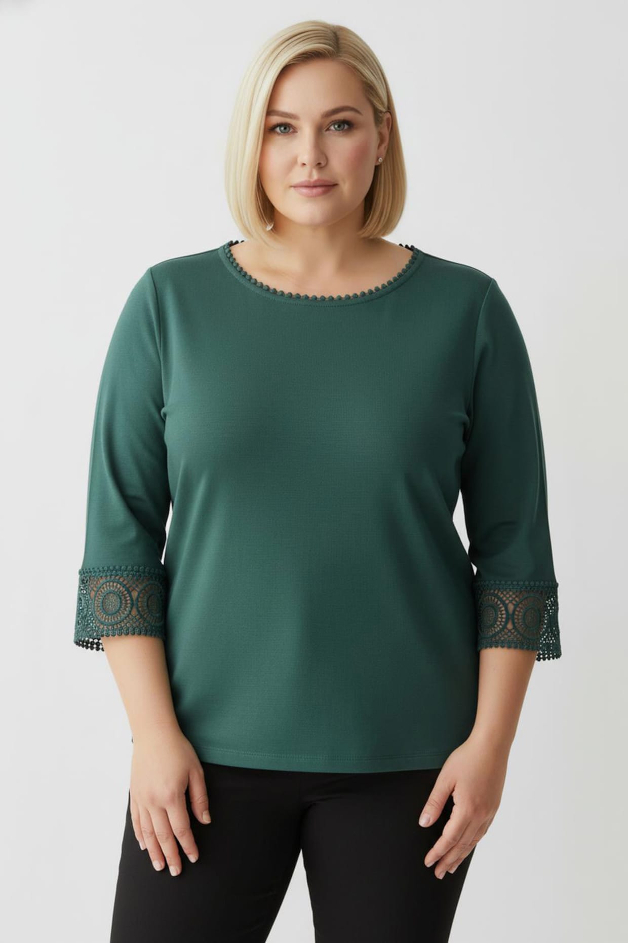 CREATION L PREMIUM 3/4-Arm-Shirt mit Spitzenbordüre an Ausschnitt und Ärmeln - dunkelgrün