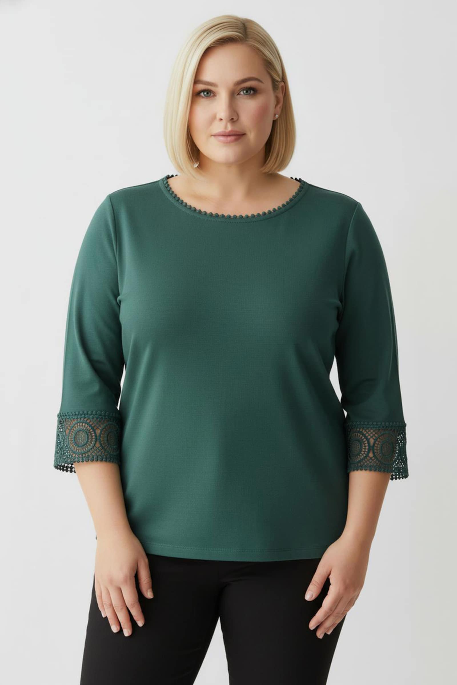 CREATION L PREMIUM 3/4-Arm-Shirt mit Spitzenbordüre an Ausschnitt und Ärmeln - dunkelgrün