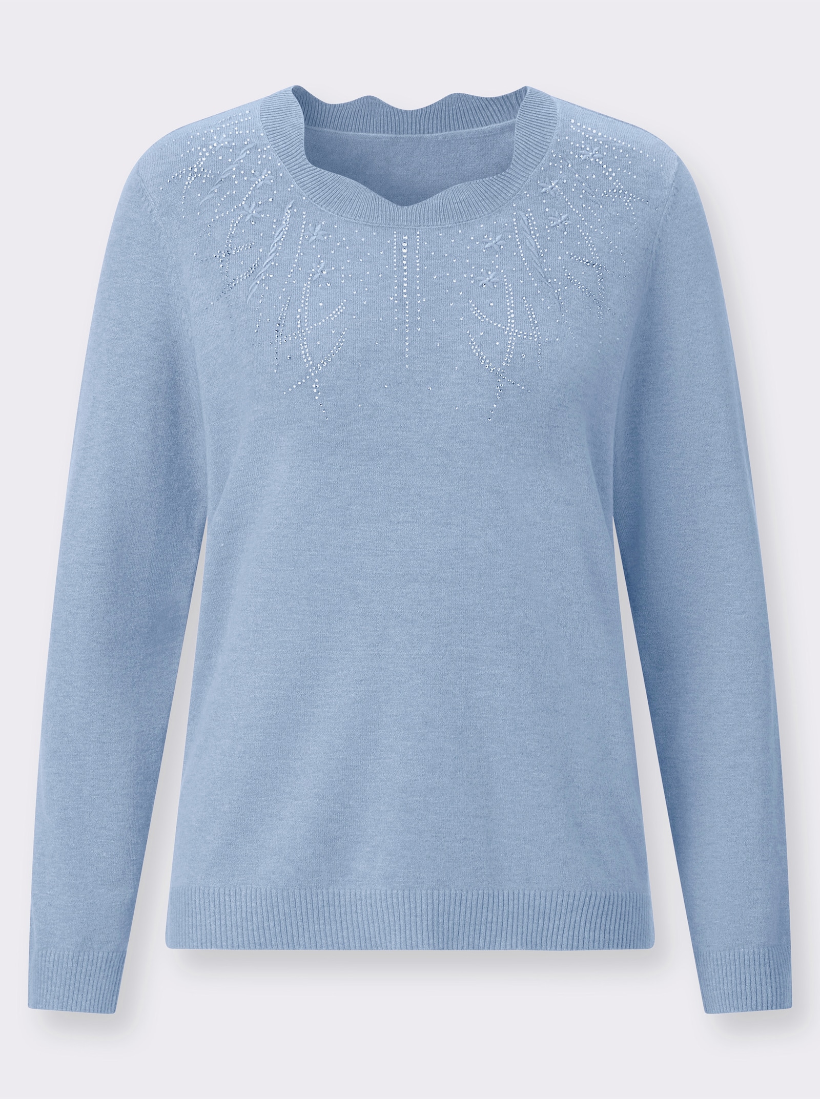 Langarm-Pullover mit Glitzersteinchen und Stickerei - eisblau-meliert