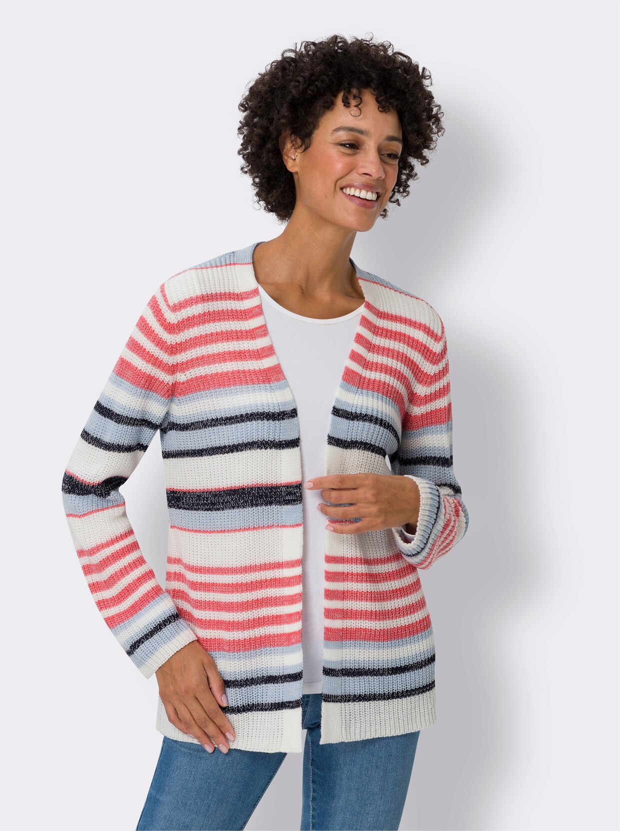 Strickjacke - ecru-flamingo-geringelt