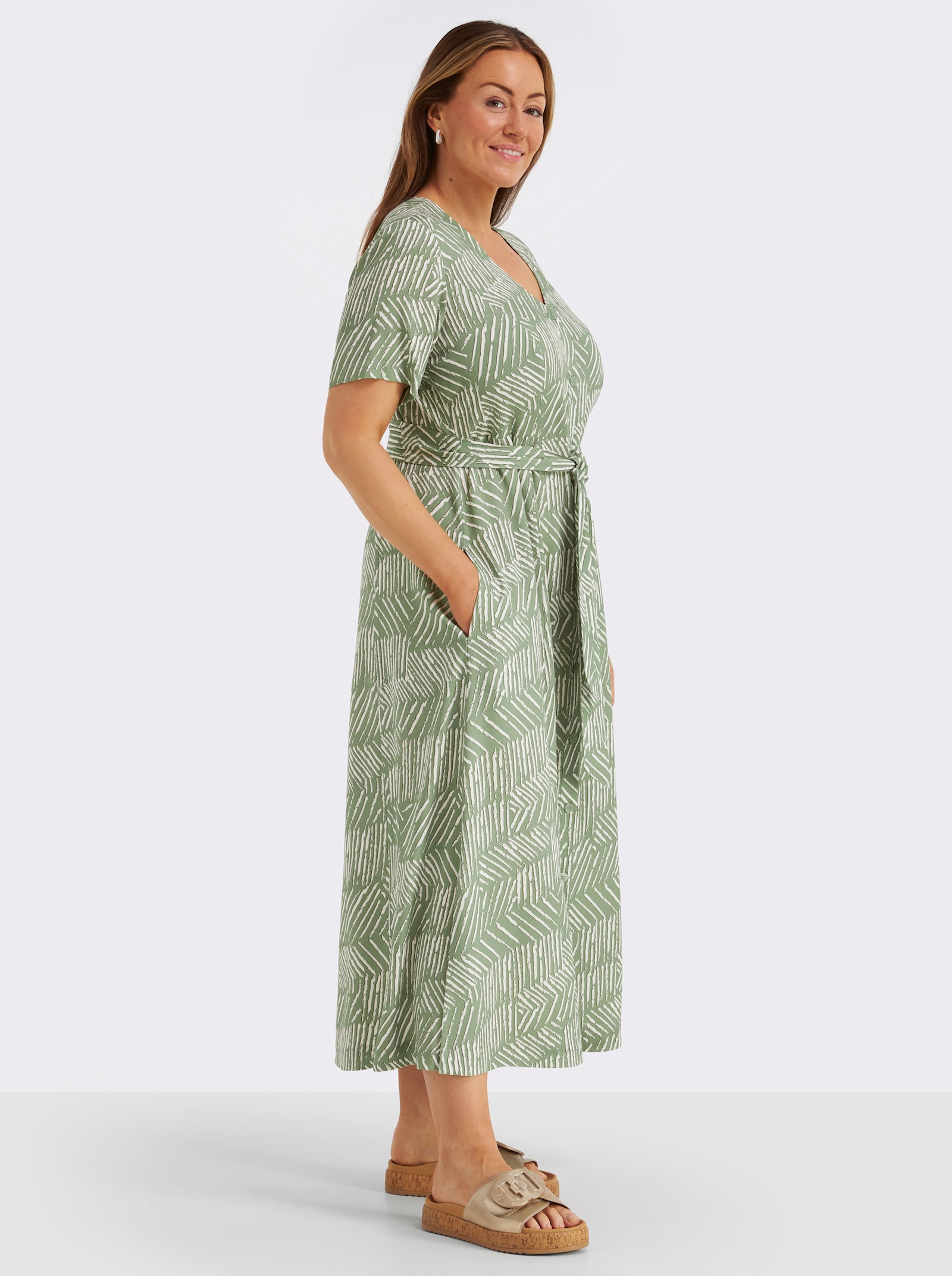 sheego Maxikleid mit Bindegürtel und Knopfleiste - eucalyptus-ecru-bedruckt