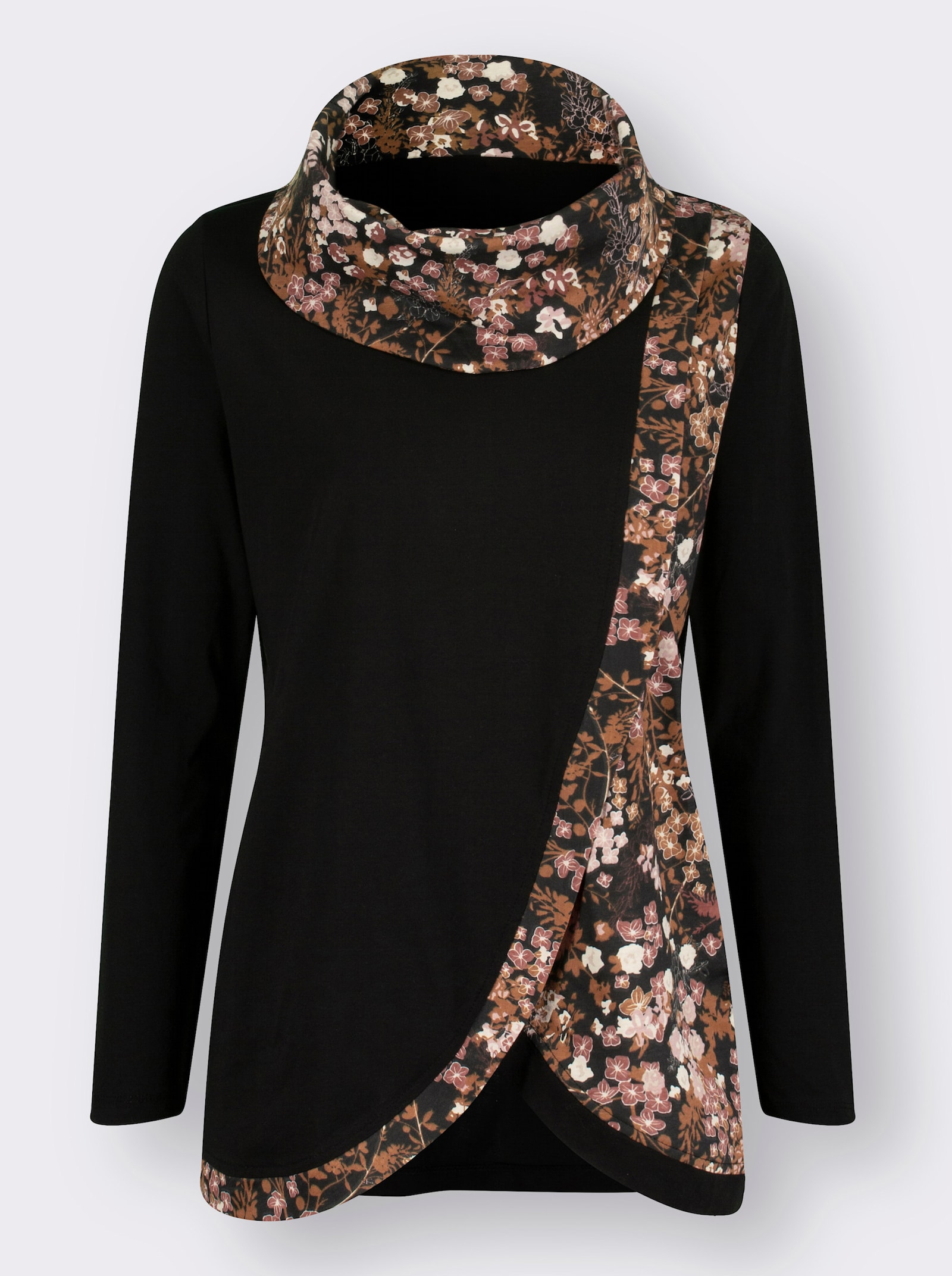 Longshirt mit floralem Druck - schwarz-cognac-bedruckt