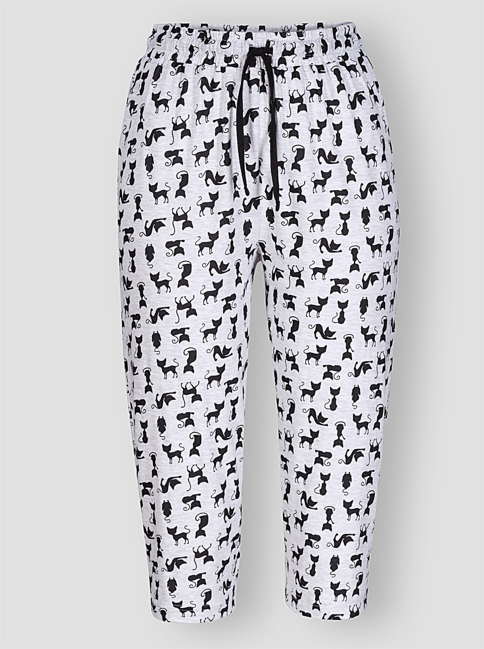 wäschepur Caprihose mit Katzen-Dessin - grau-meliert-schwarz-bedruckt