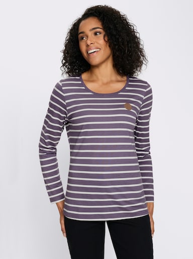 Langarmshirt mit Patch im Vorderteil, geringelt - feige-ecru-geringelt