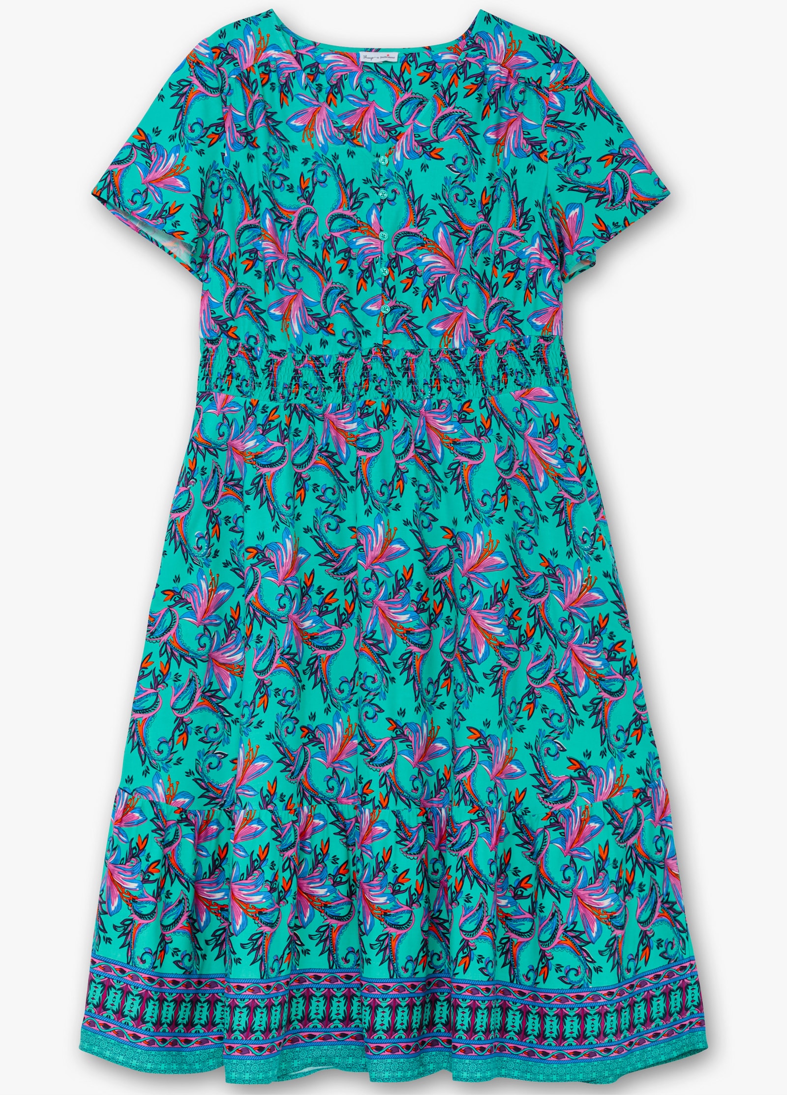 sheego by Joe Browns Maxikleid mit Blumendruck und Taillensmokbund - aqua-gemustert