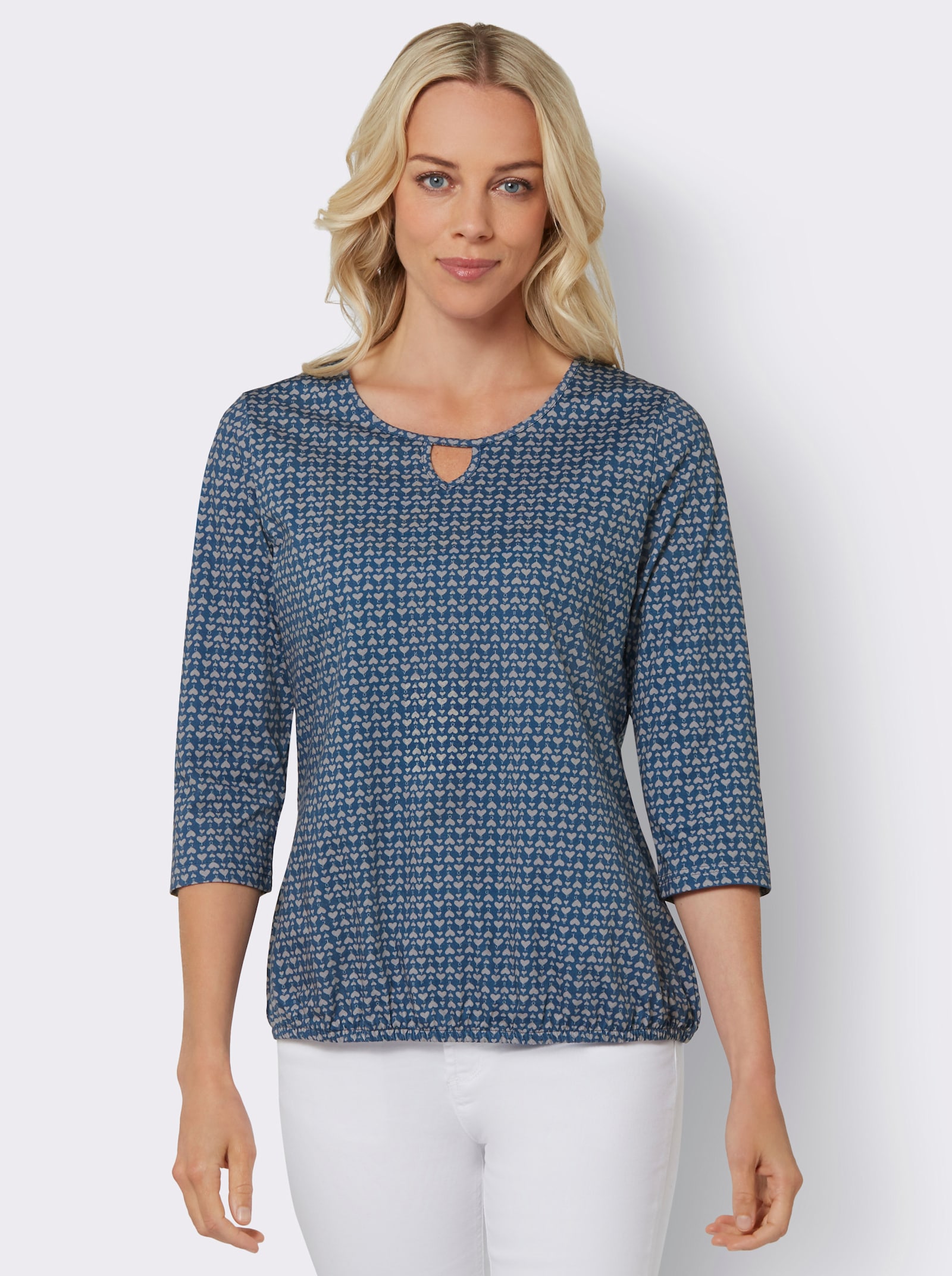 3/4-Arm-Shirt mit Gummizug am Saum - jeansblau-steingrau-bedruckt