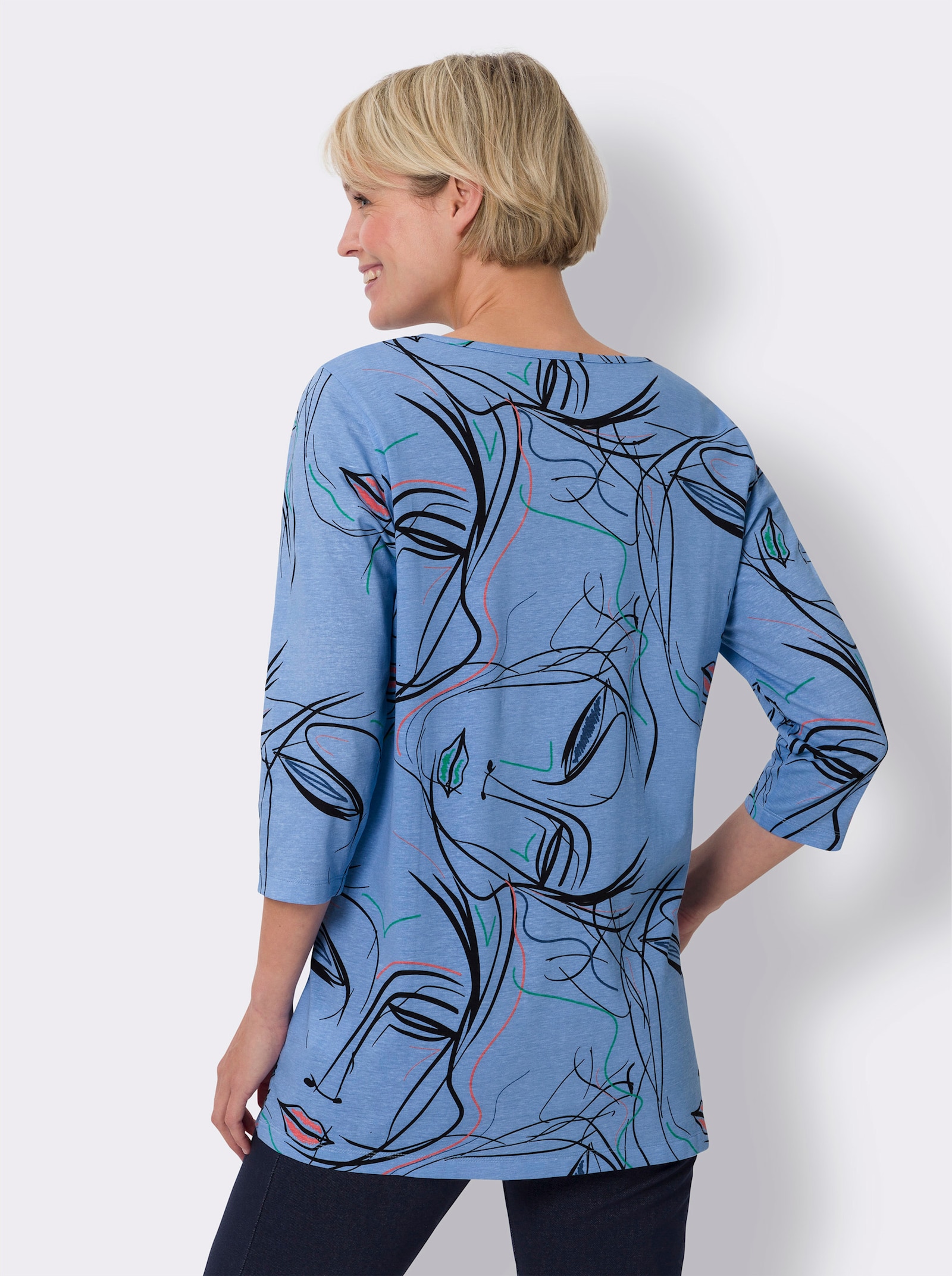 Lang shirt met 3/4-mouwen - hemelsblauw/zwart bedrukt