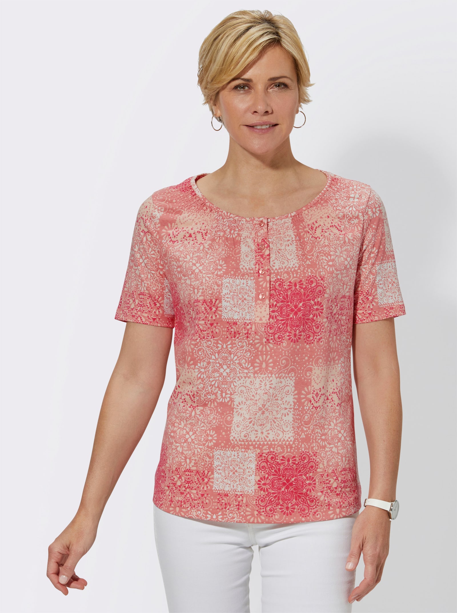 Rundhalsshirt mit Knopfleiste, kurz - hummer-bedruckt