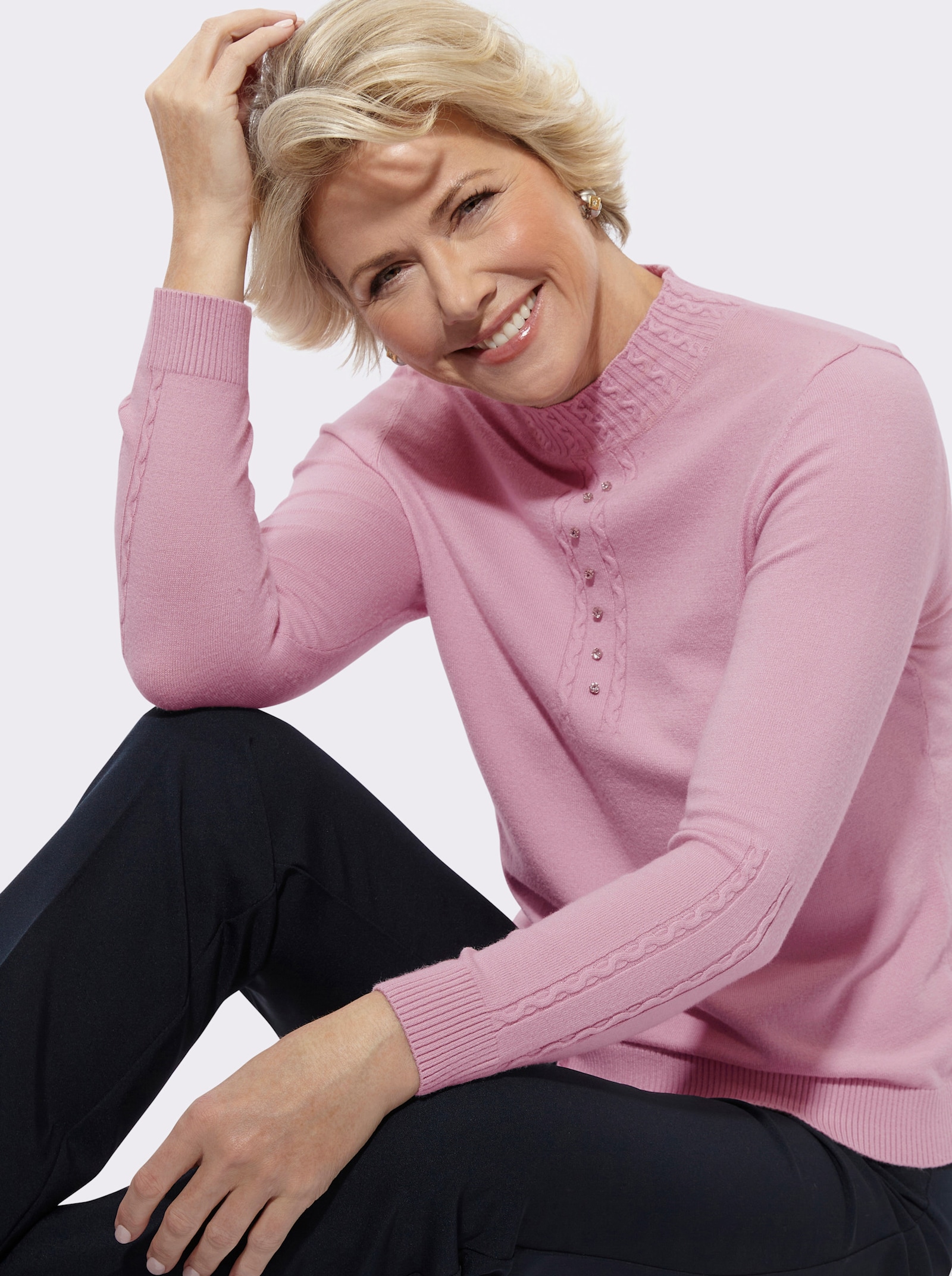 Stehkragenpullover mit Glitzersteinchen - rosé