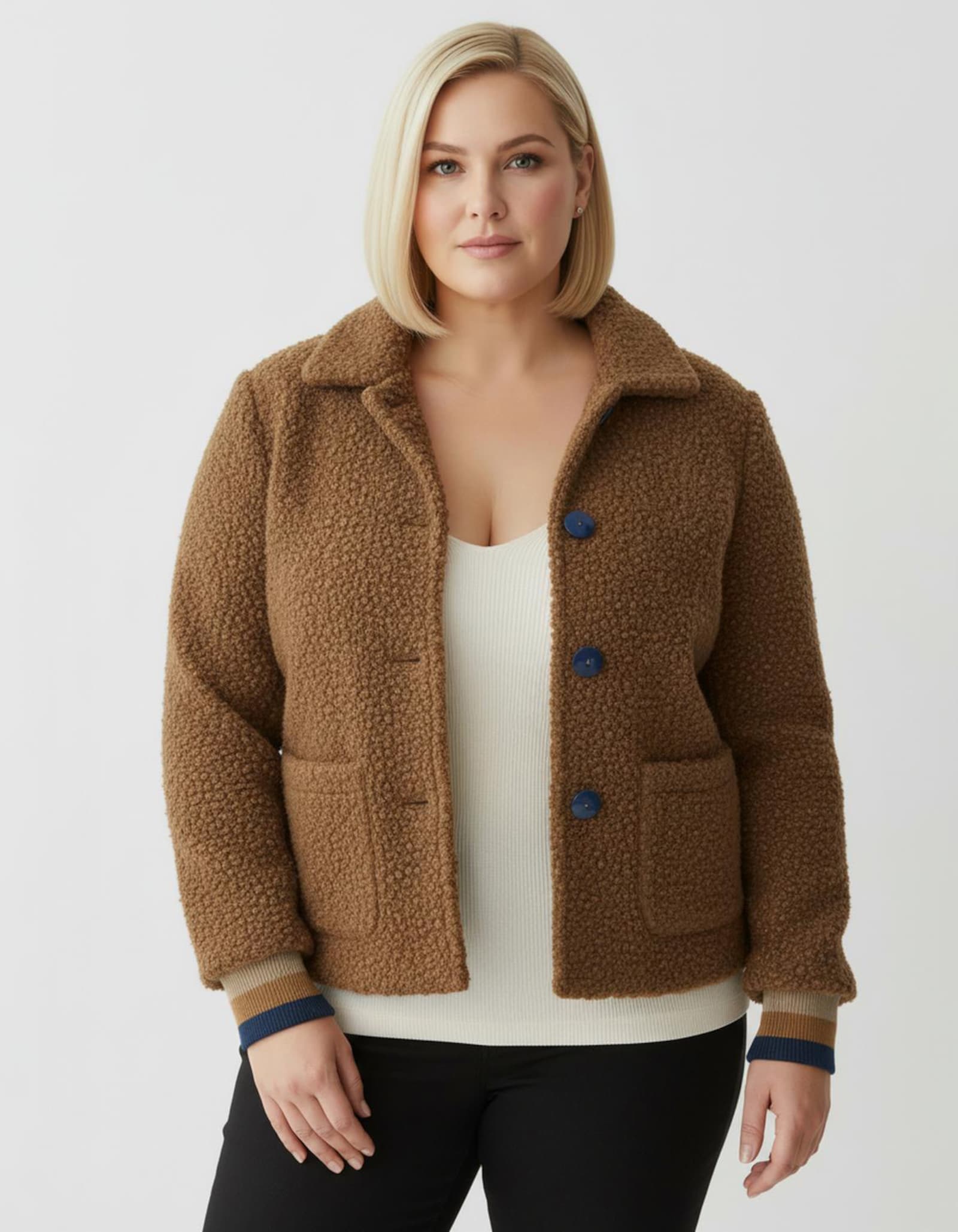 Boucléjacke mit gestreiften Ärmel-Bündchen - cognac