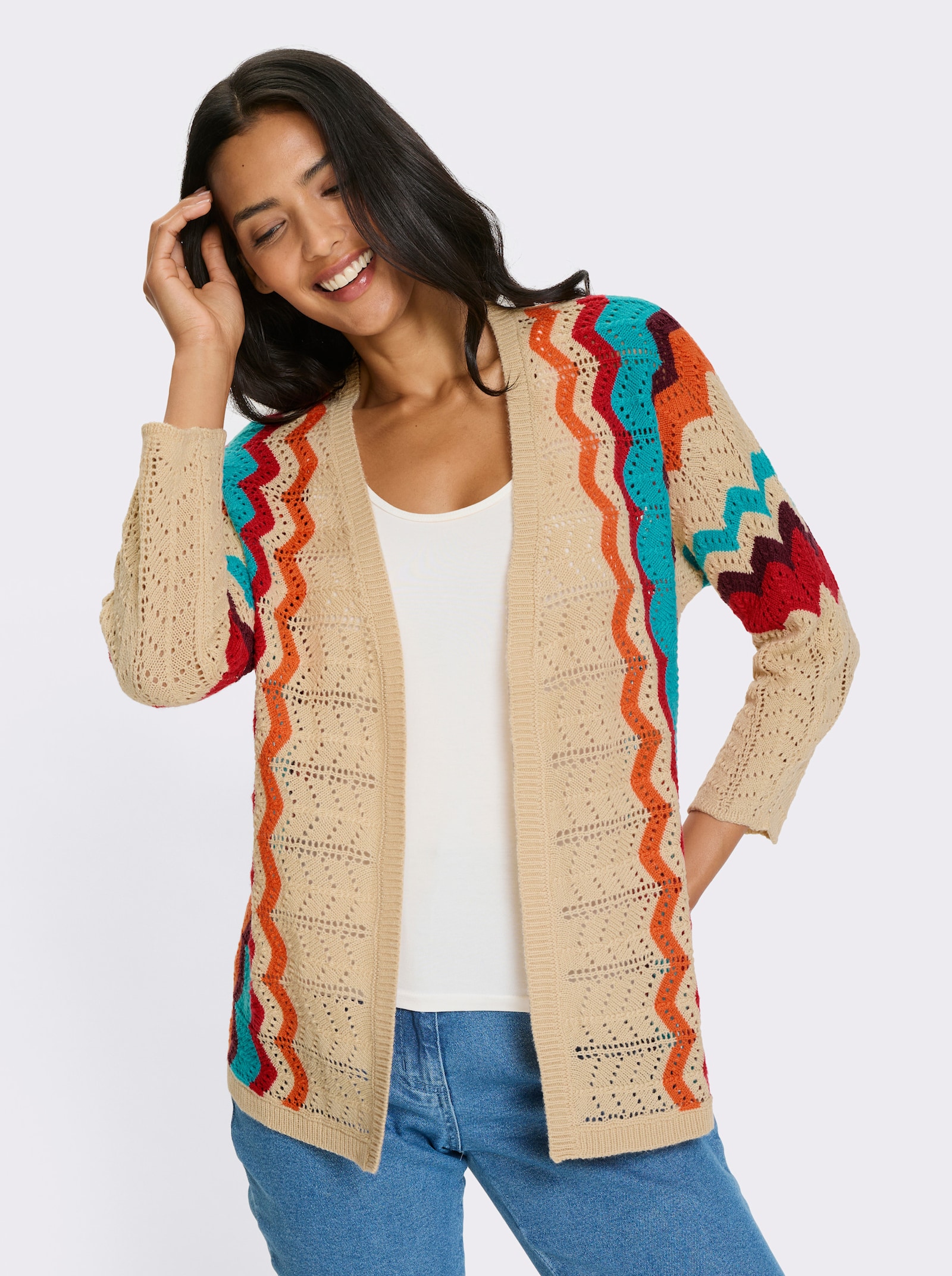 Ajourstrickjacke im Streifen-Dessin - sand-erdbeere-gemustert