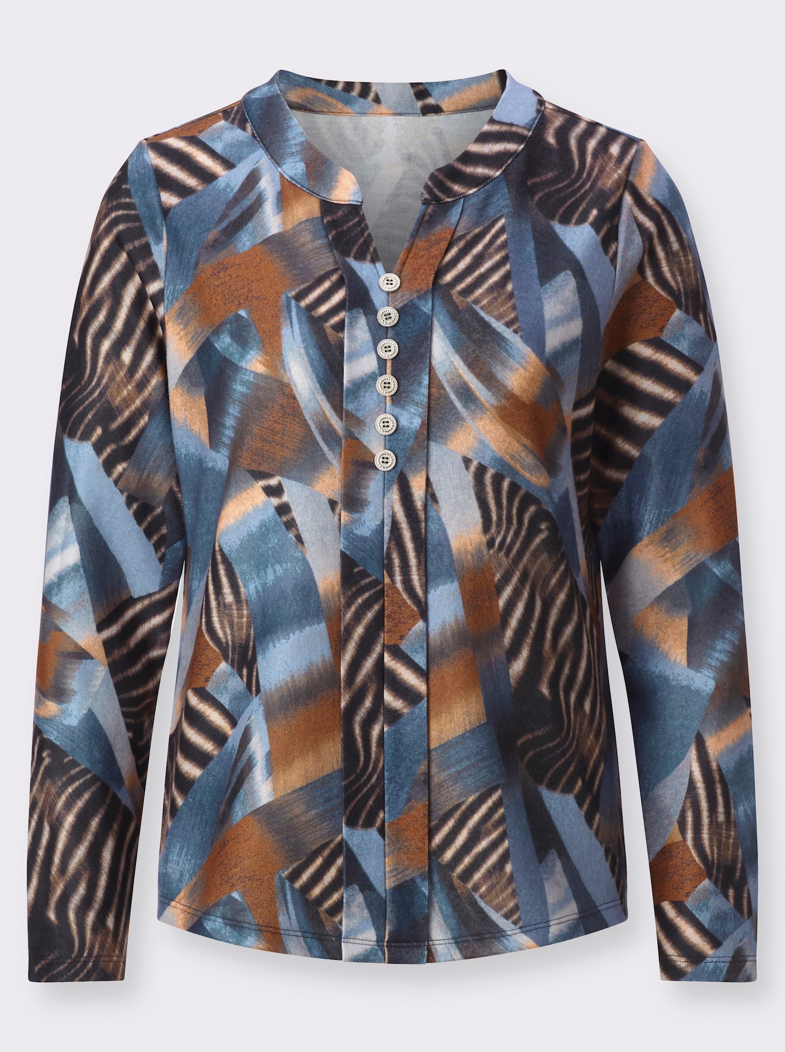 Langarmshirt mit Zierknöpfen - cognac-bleu-bedruckt