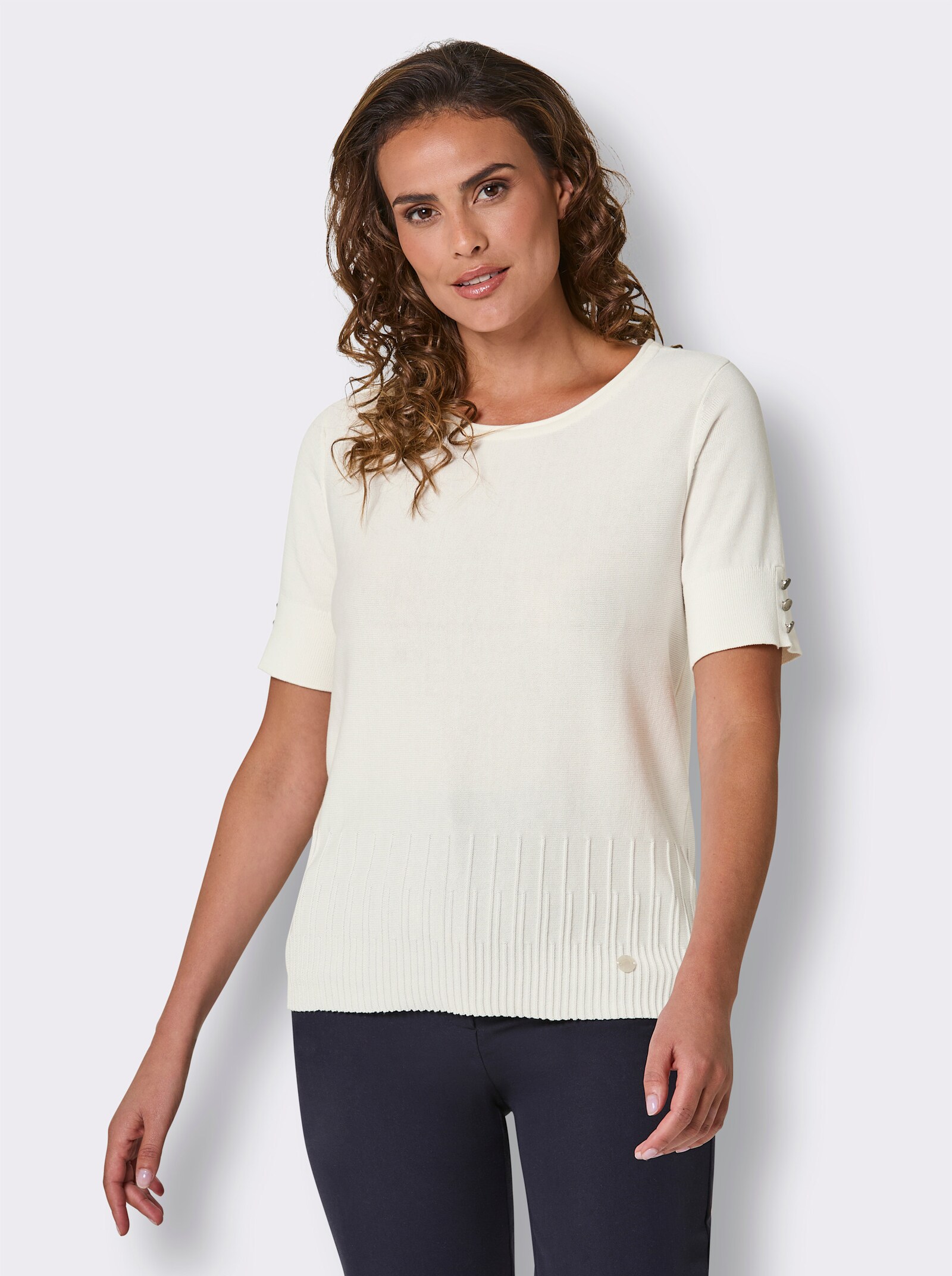 CREATION L PREMIUM Kurzarmpullover mit Zierknöpfen - ecru