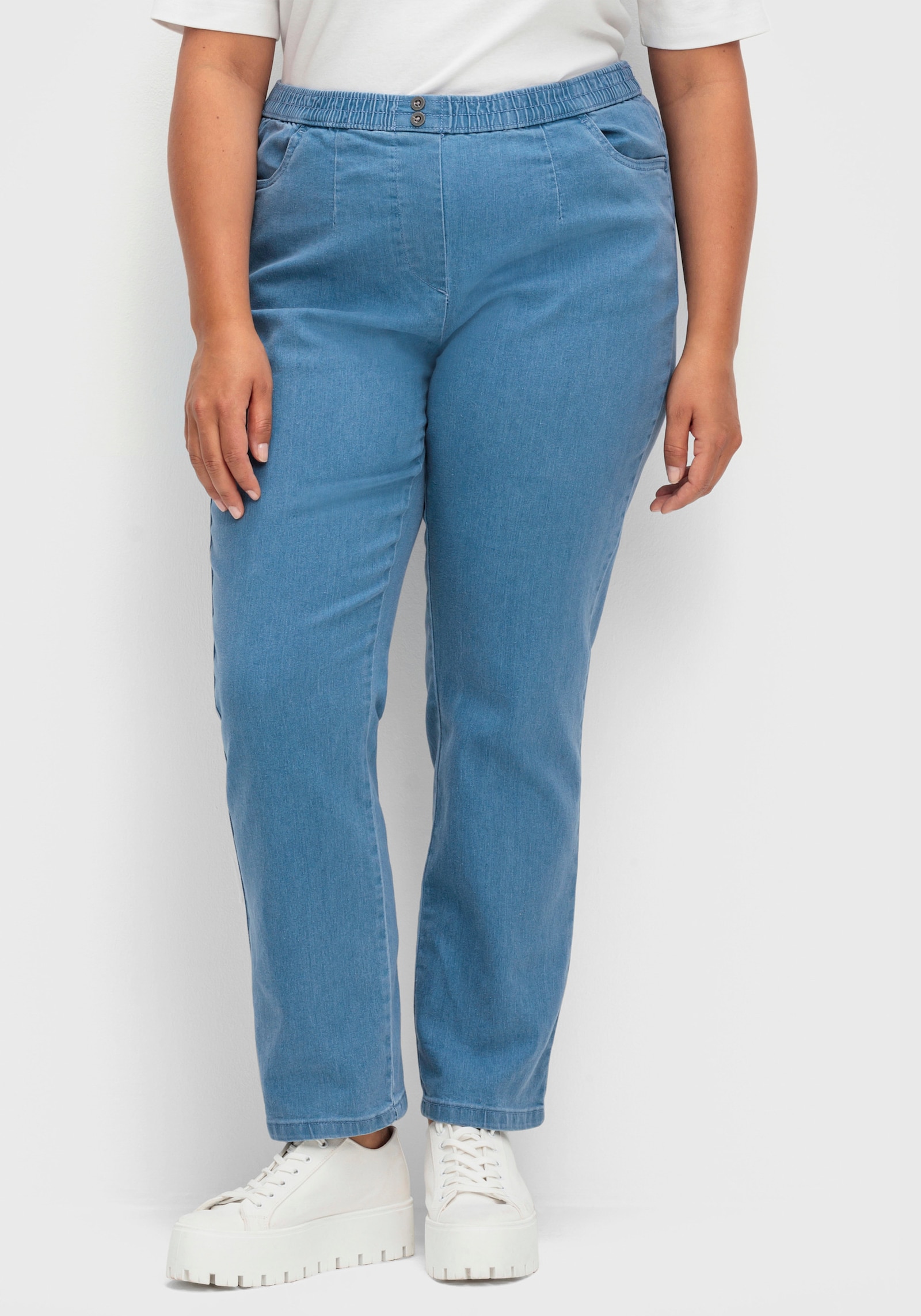 Schlupfjeans mit imitierter Reißverschluss-Blende - blue-bleached