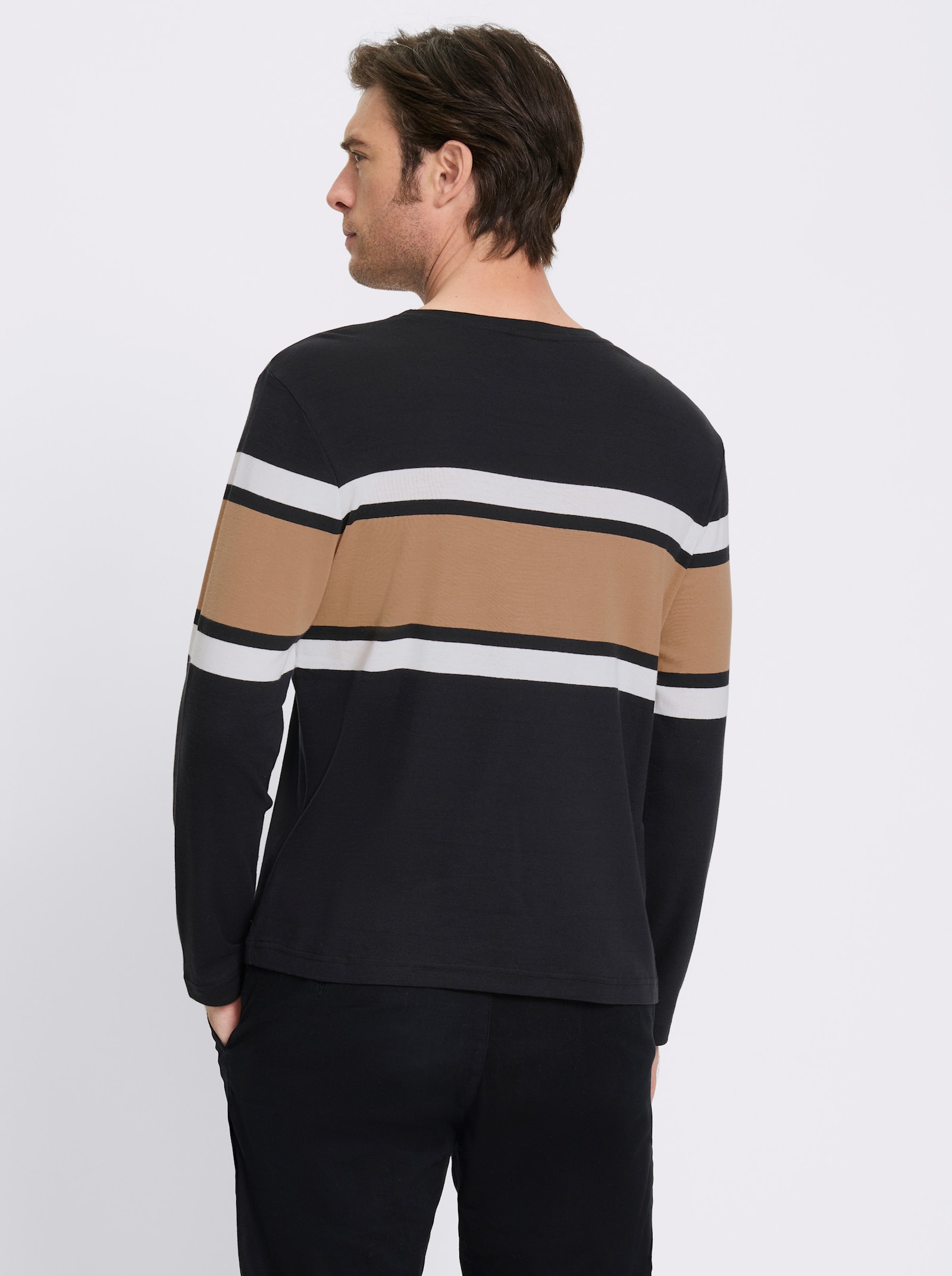 Marco Donati Langarmshirt in Ripp-Optik, garngefärbt - schwarz-camel