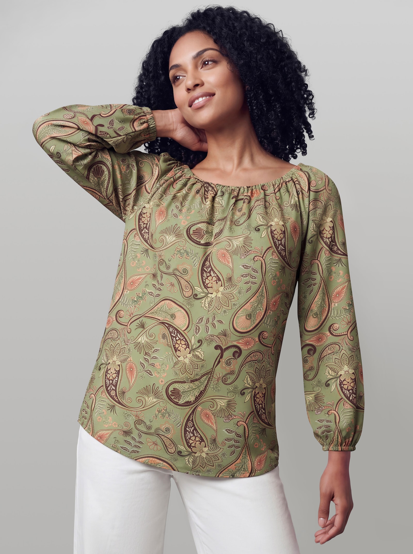 heine Druckbluse mit variablem Ausschnitt - oliv-papaya-bedruckt