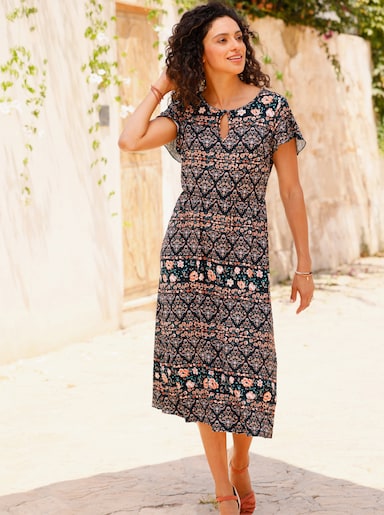 Jerseykleid mit Gummizug auf Taillenhöhe - papaya-schwarz-bedruckt