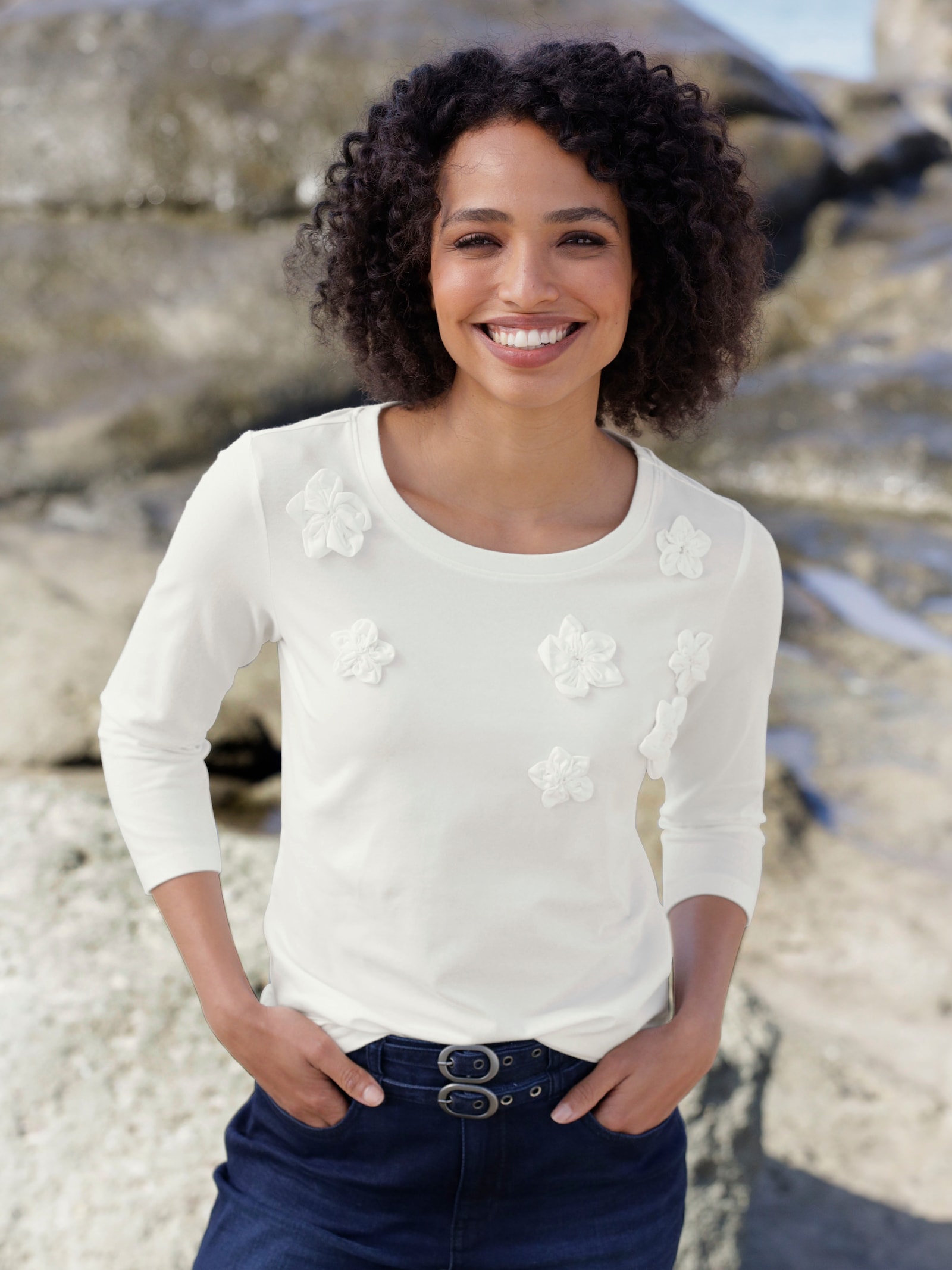 heine 3/4-Arm-Shirt mit Blüten-Applikationen - ecru