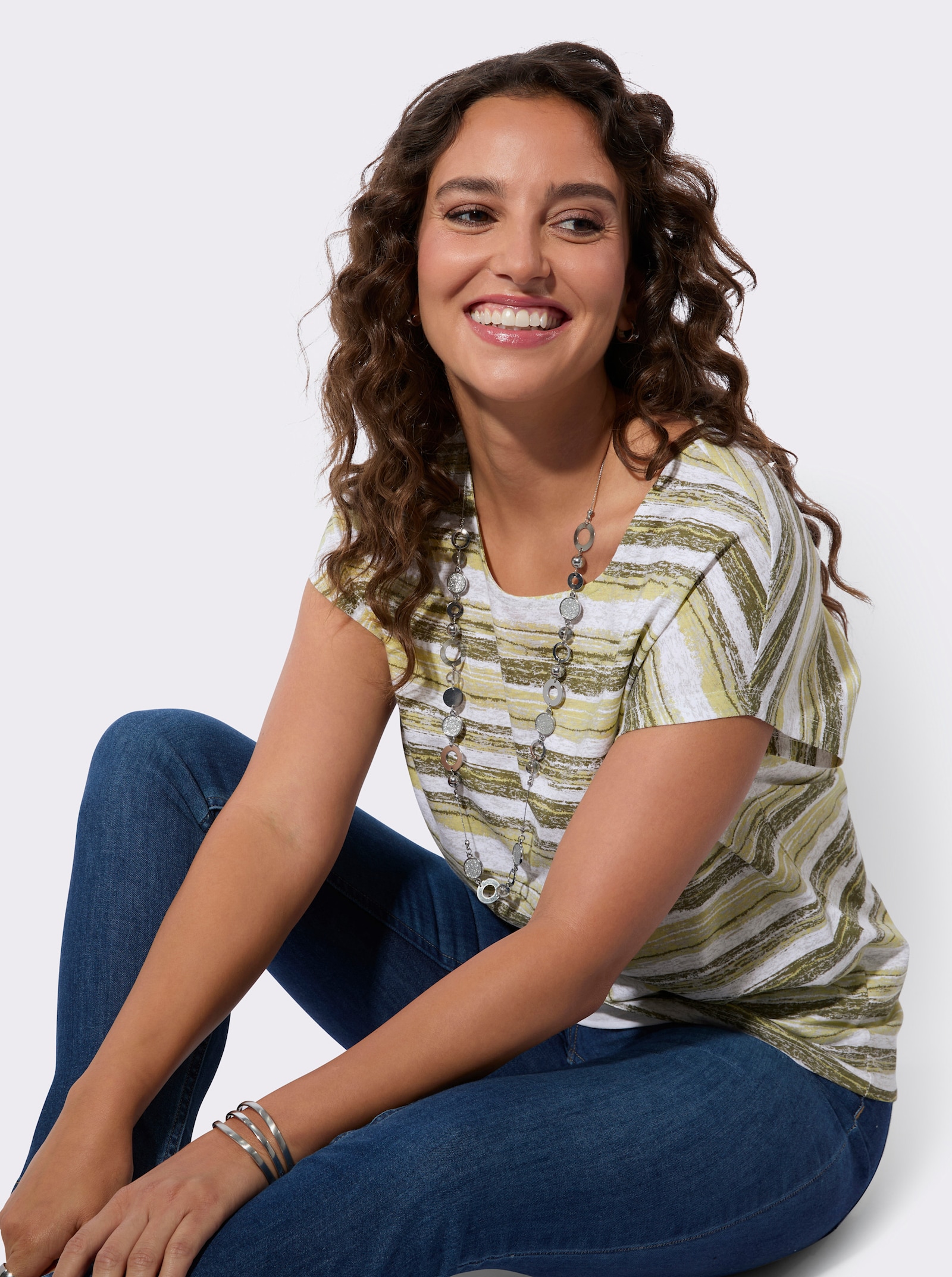 Print-Shirt im Ringel-Dessin - ecru-lindgrün-bedruckt