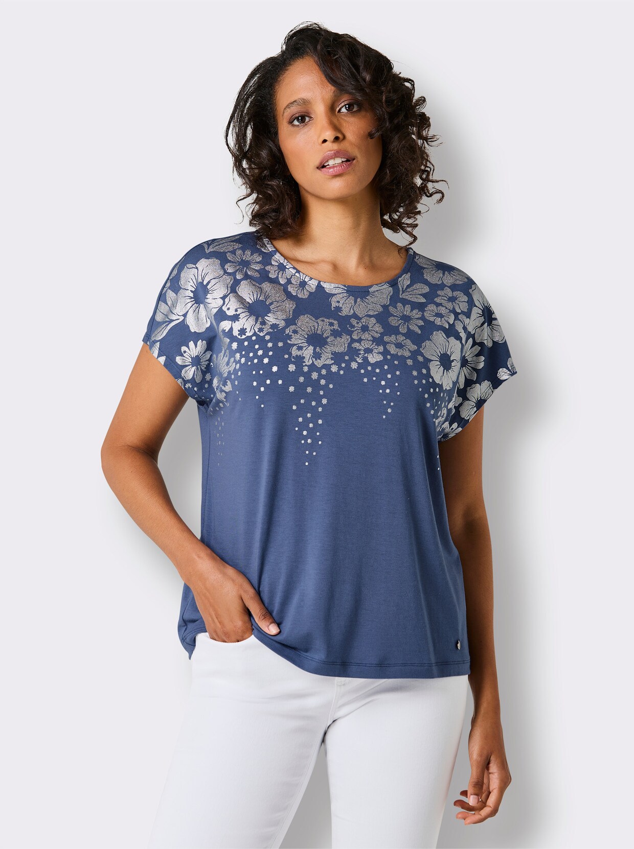 CREATION L PREMIUM Kurzarmshirt - rauchblau-bedruckt