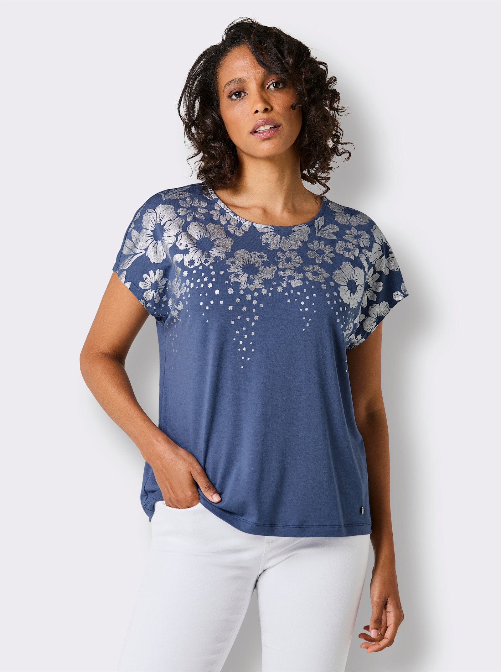 CREATION L PREMIUM Kurzarmshirt mit Foliendruck - rauchblau-bedruckt
