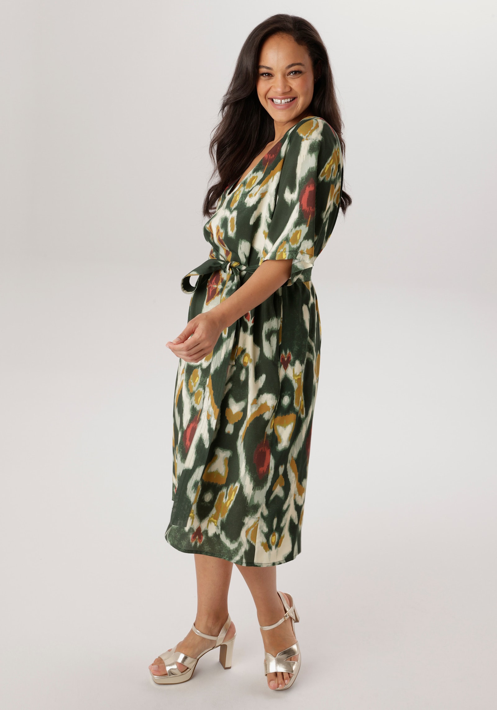 Aniston PLUS Blusenkleid - khaki-weiß-bordeaux-senf