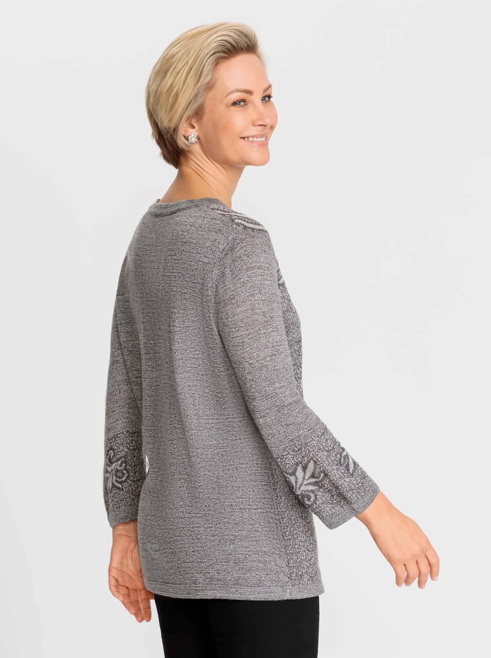 3/4 Arm-Pullover mit Intarsien-Muster - hellgrau-anthrazit-meliert