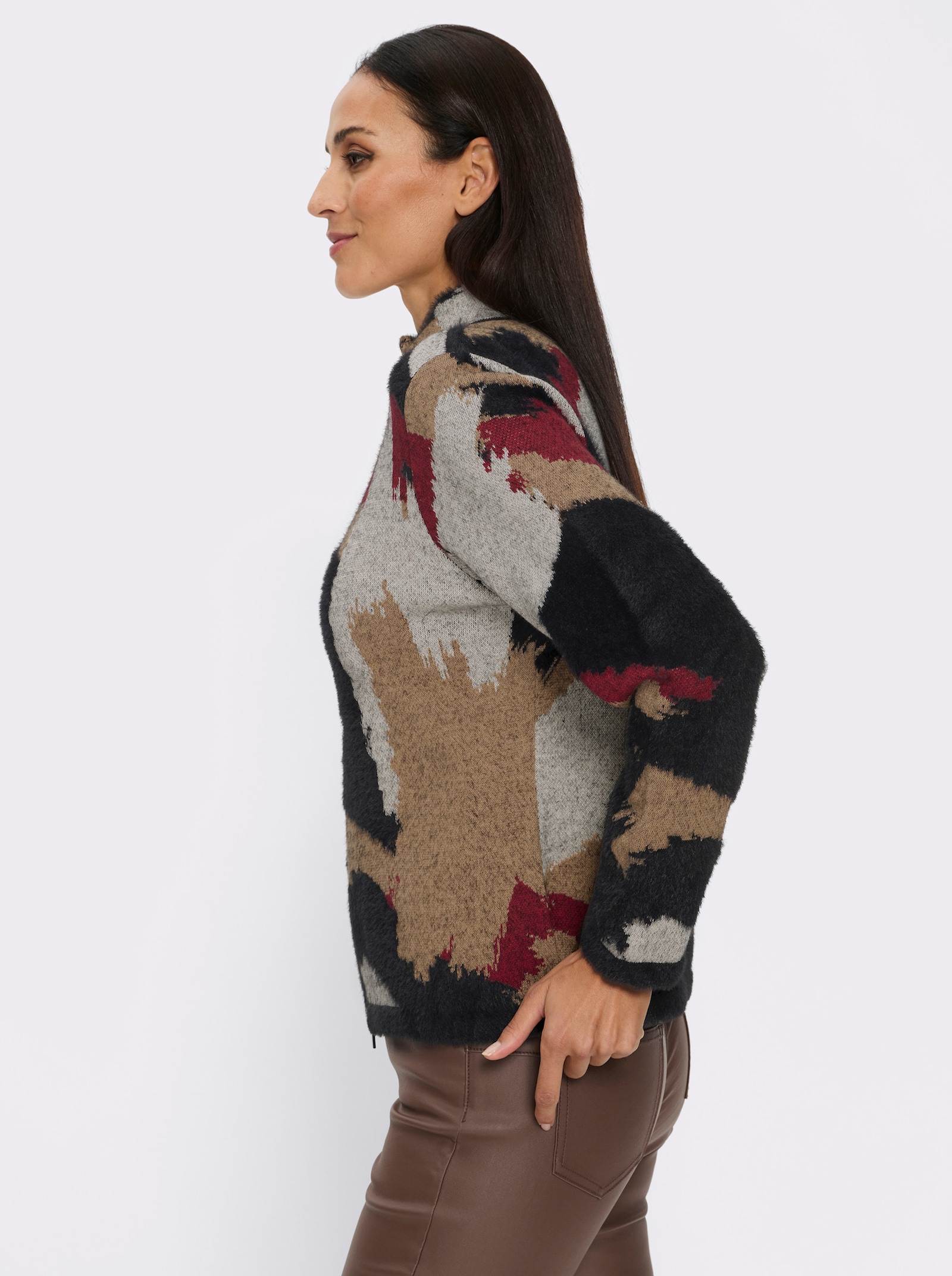 heine Jacquardstrickjacke mit 2-Wege-Zipper - schwarz-kirsche-gemustert