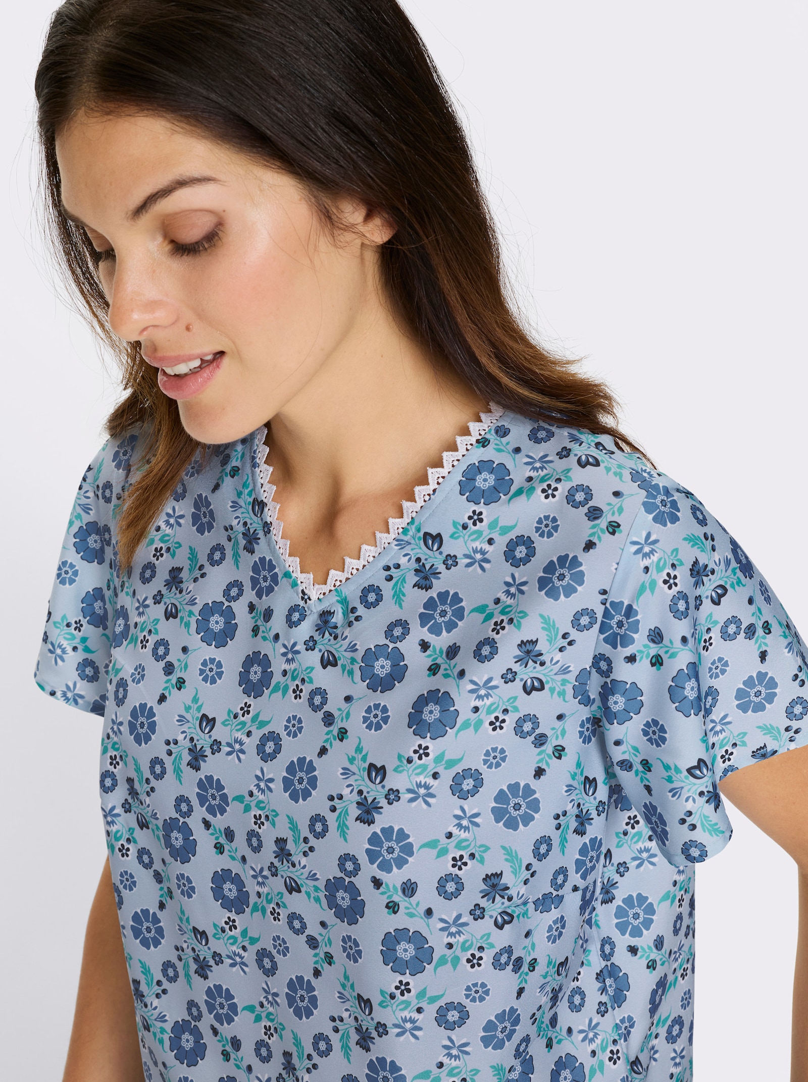 Navlékací halenka s balonkovými rukávy - ledová modrá-námořnická modrá-potisk