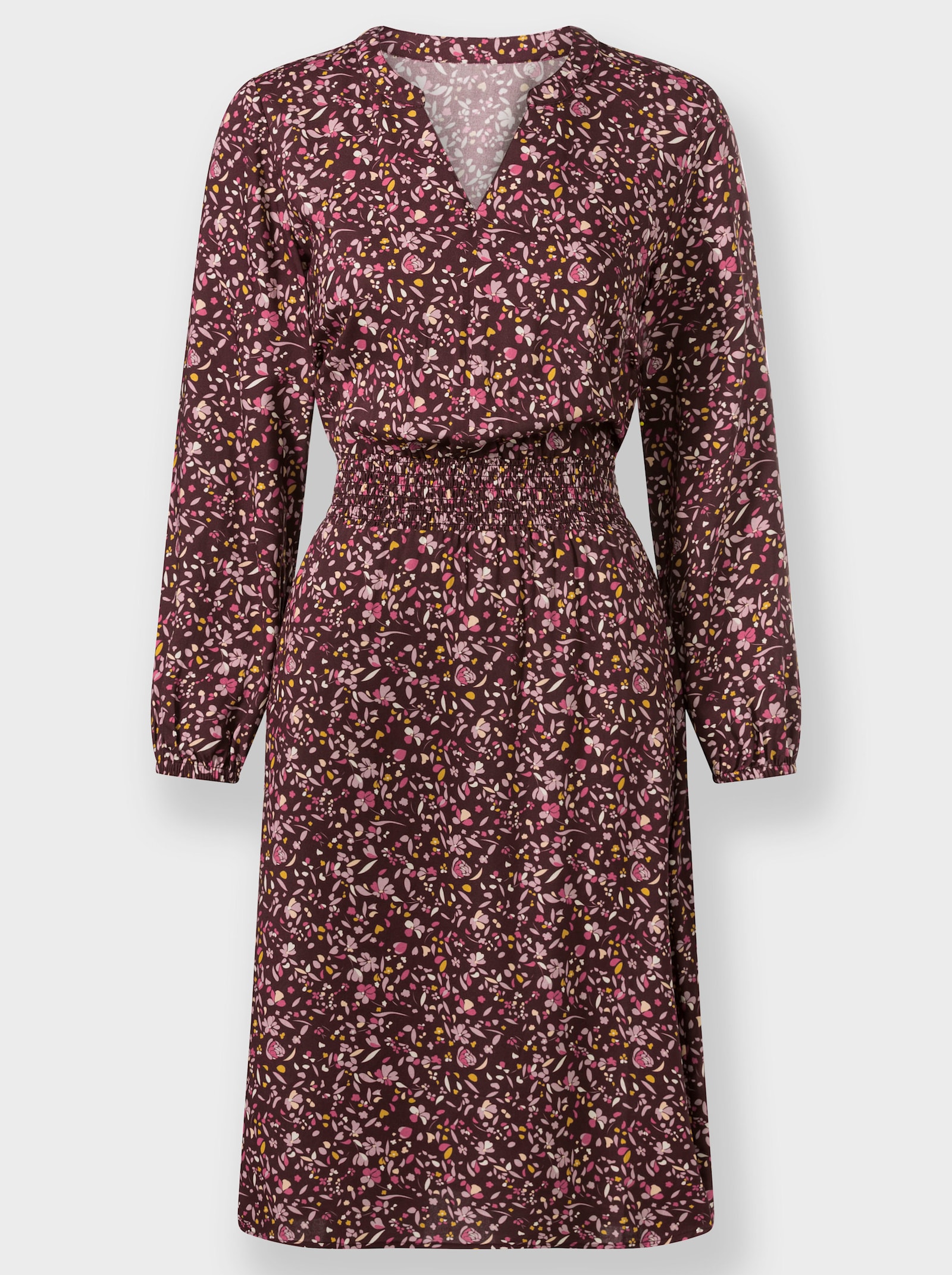 Webkleid mit Smok-Einsatz - burgund-mauve-bedruckt