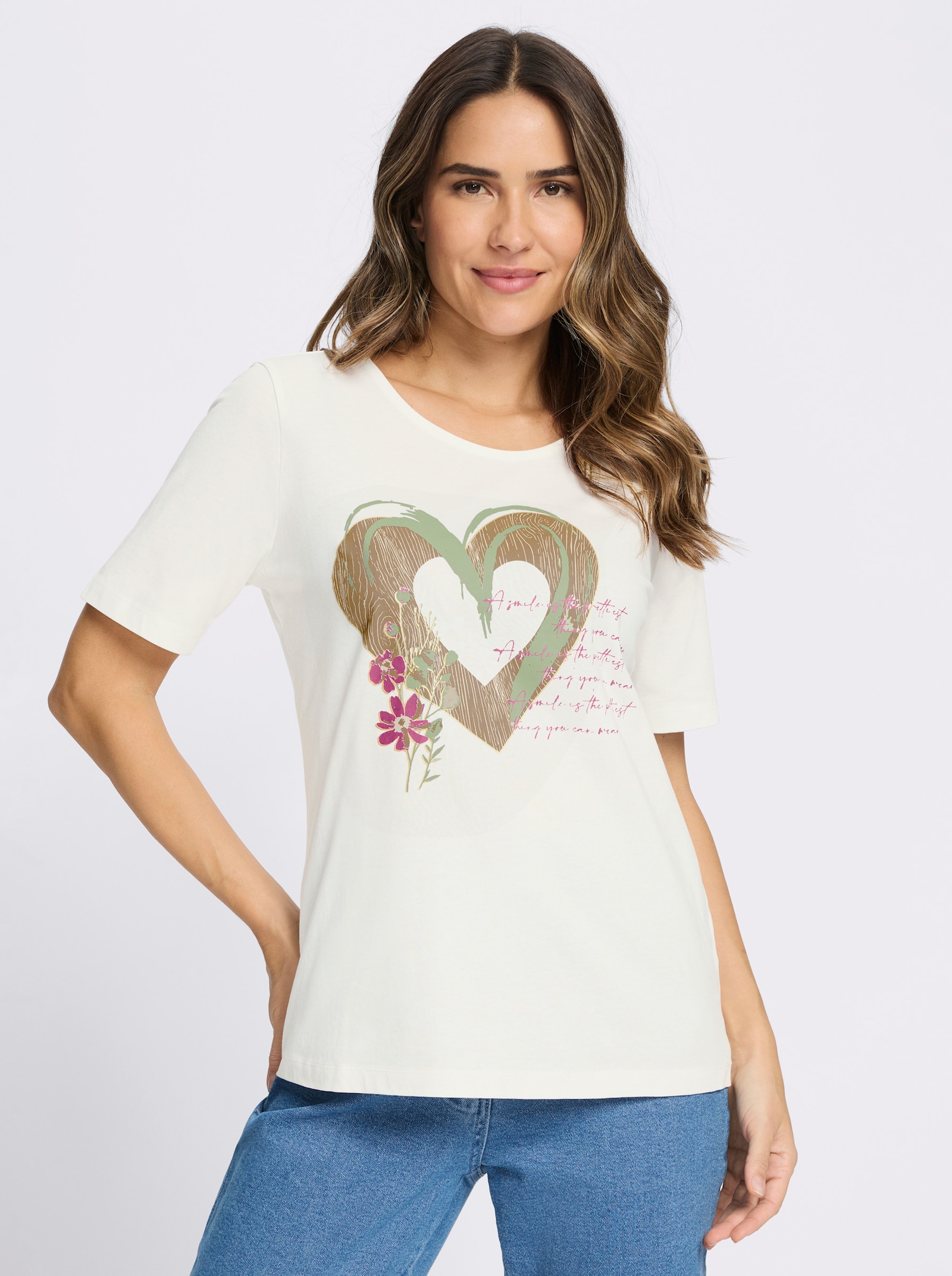 Kurzarmshirt im Trachtenstil - ecru-braun